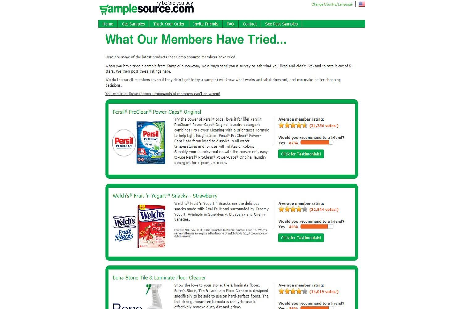 Скриншот веб-сайта SampleSource.com, на котором показаны последние бесплатные образцы, в том числе бесплатные образцы продуктов питания.