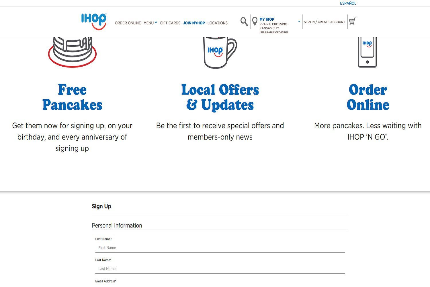 Скриншот IHOP's MyHop sign-up webpage. Customers who sign up for MyHop can get free pancakes just for signing up.