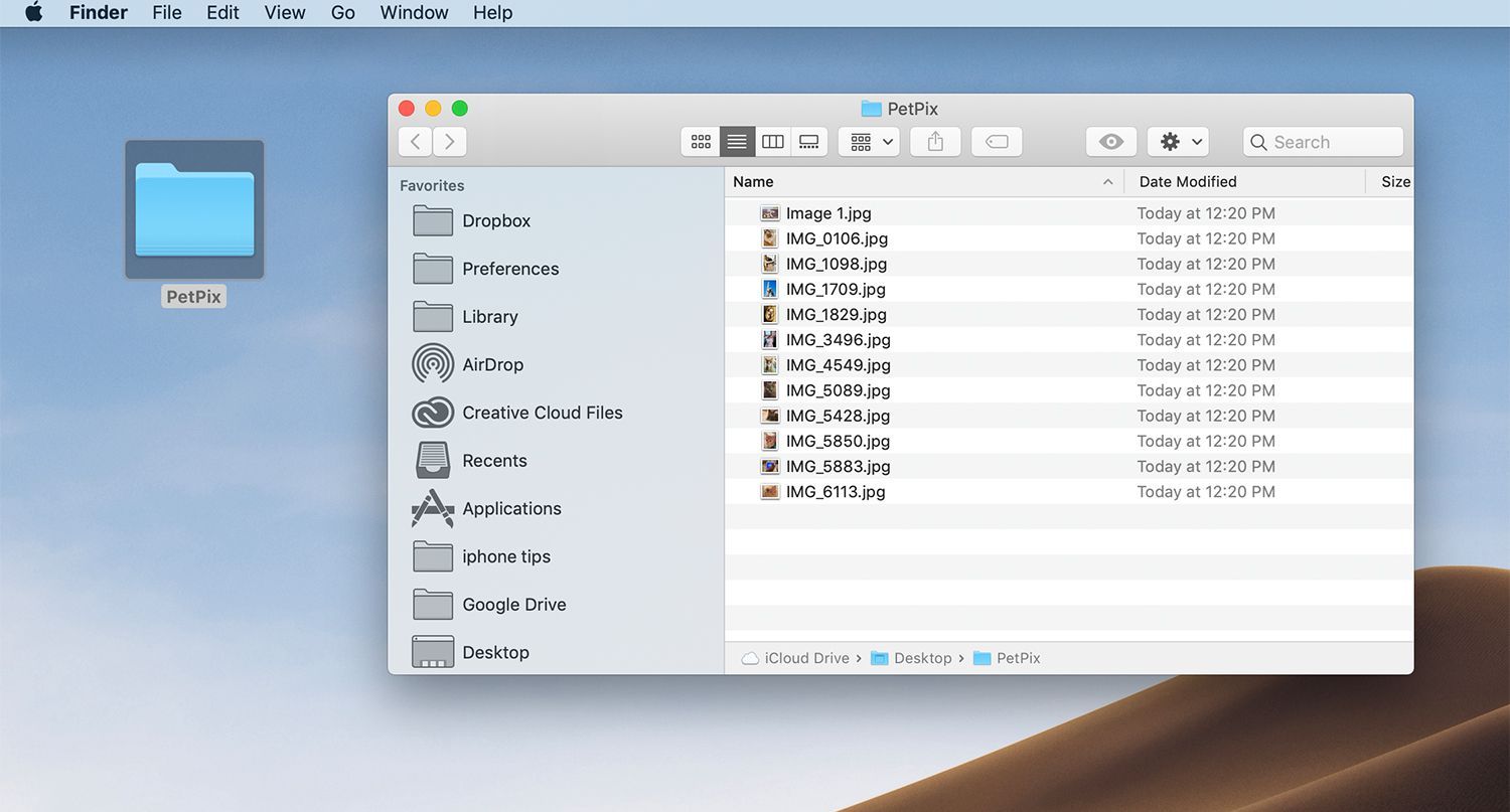 Открытая папка на Mac с файлами изображений