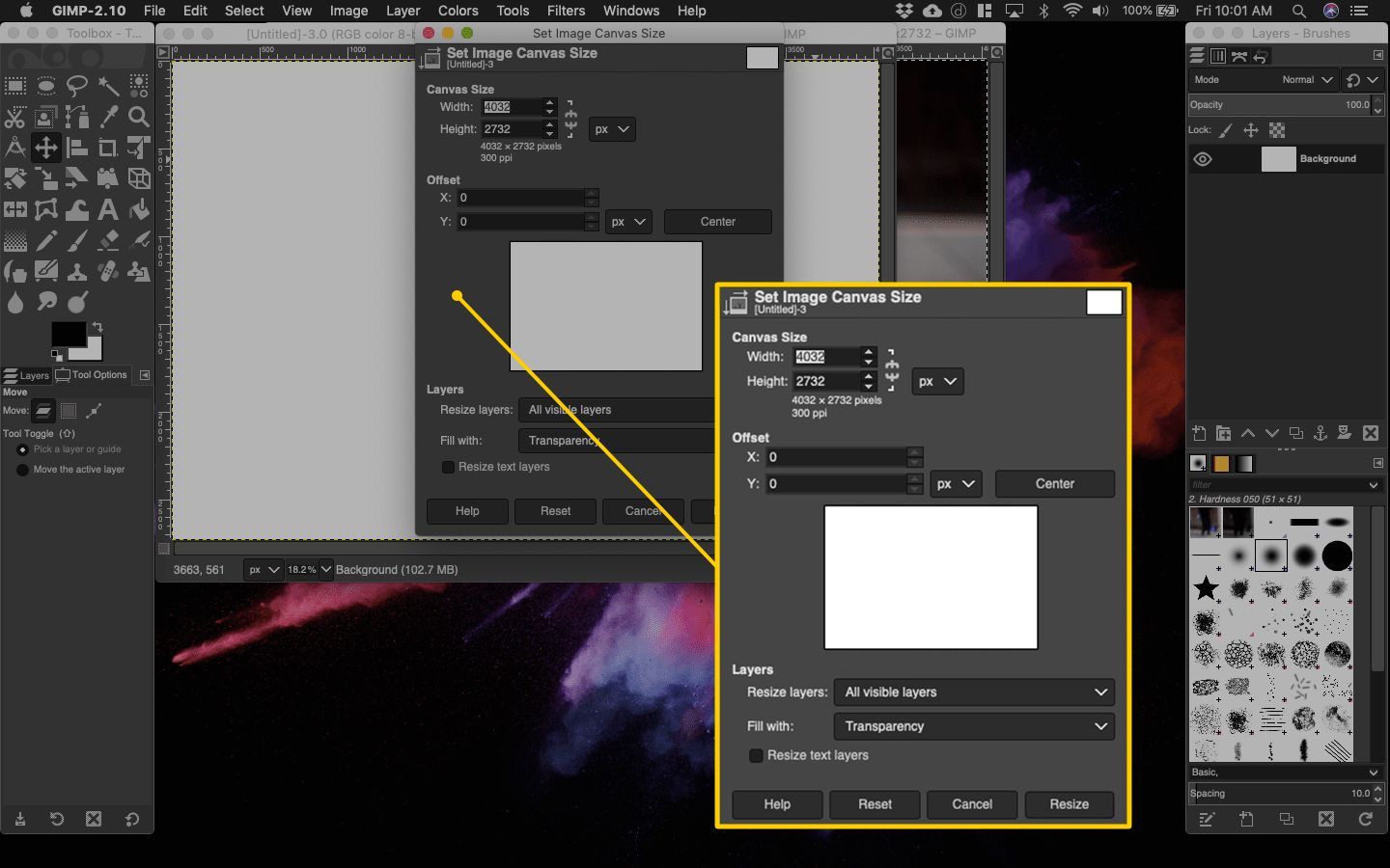 Диалоговое окно «Размер холста изображения» в Gimp для macOS
