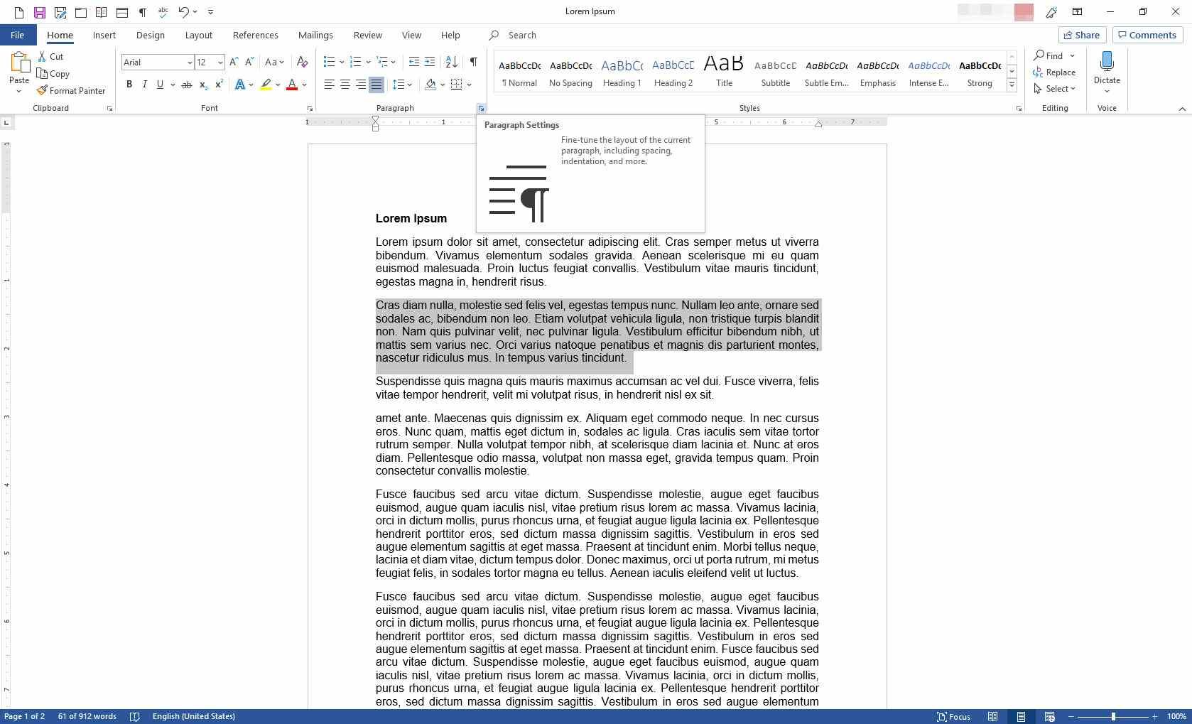 MS Word с выделенным одним абзацем и выделенной командой запуска диалогового окна «Абзац»