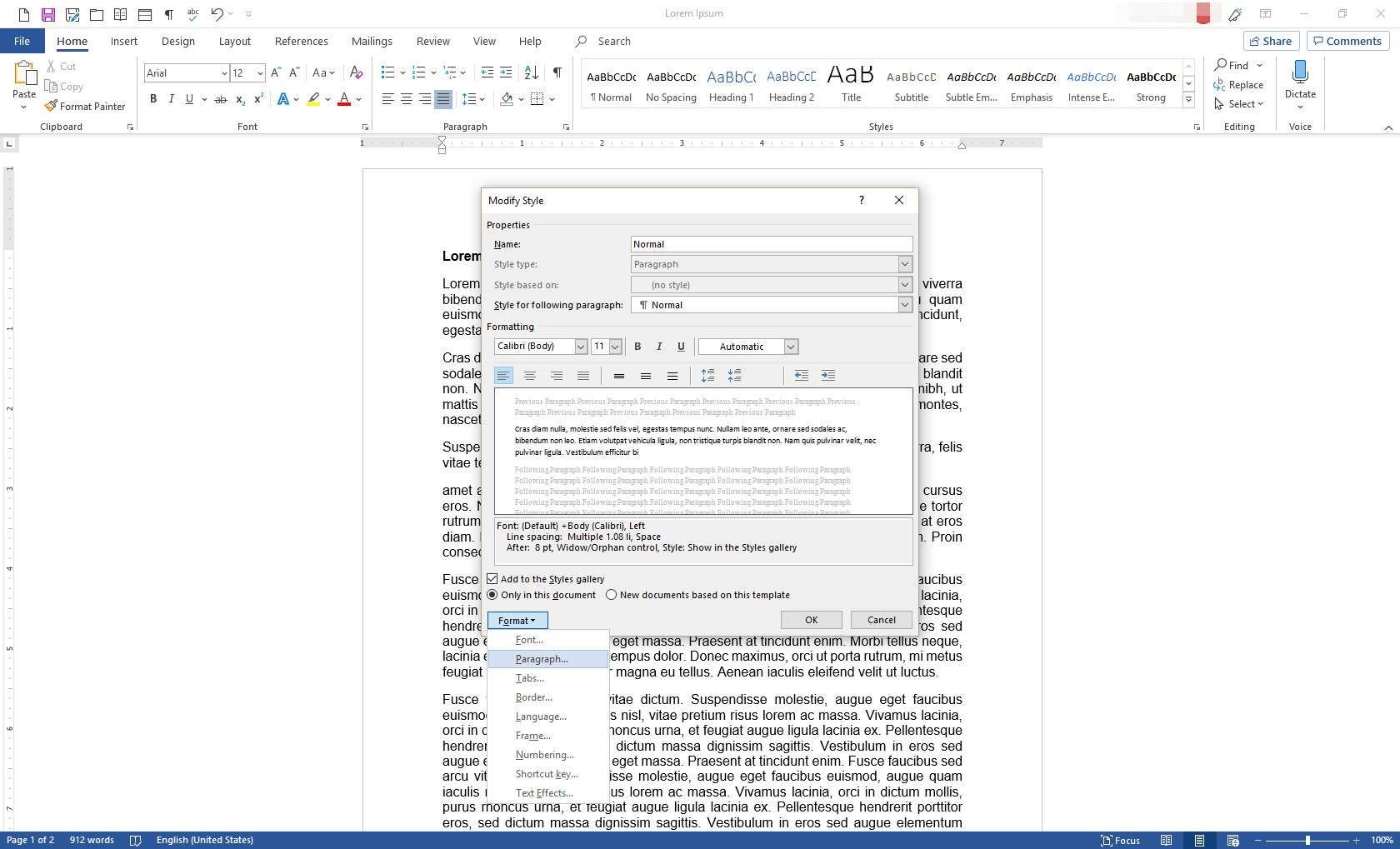 MS Word с отображенным диалоговым окном Modify Style
