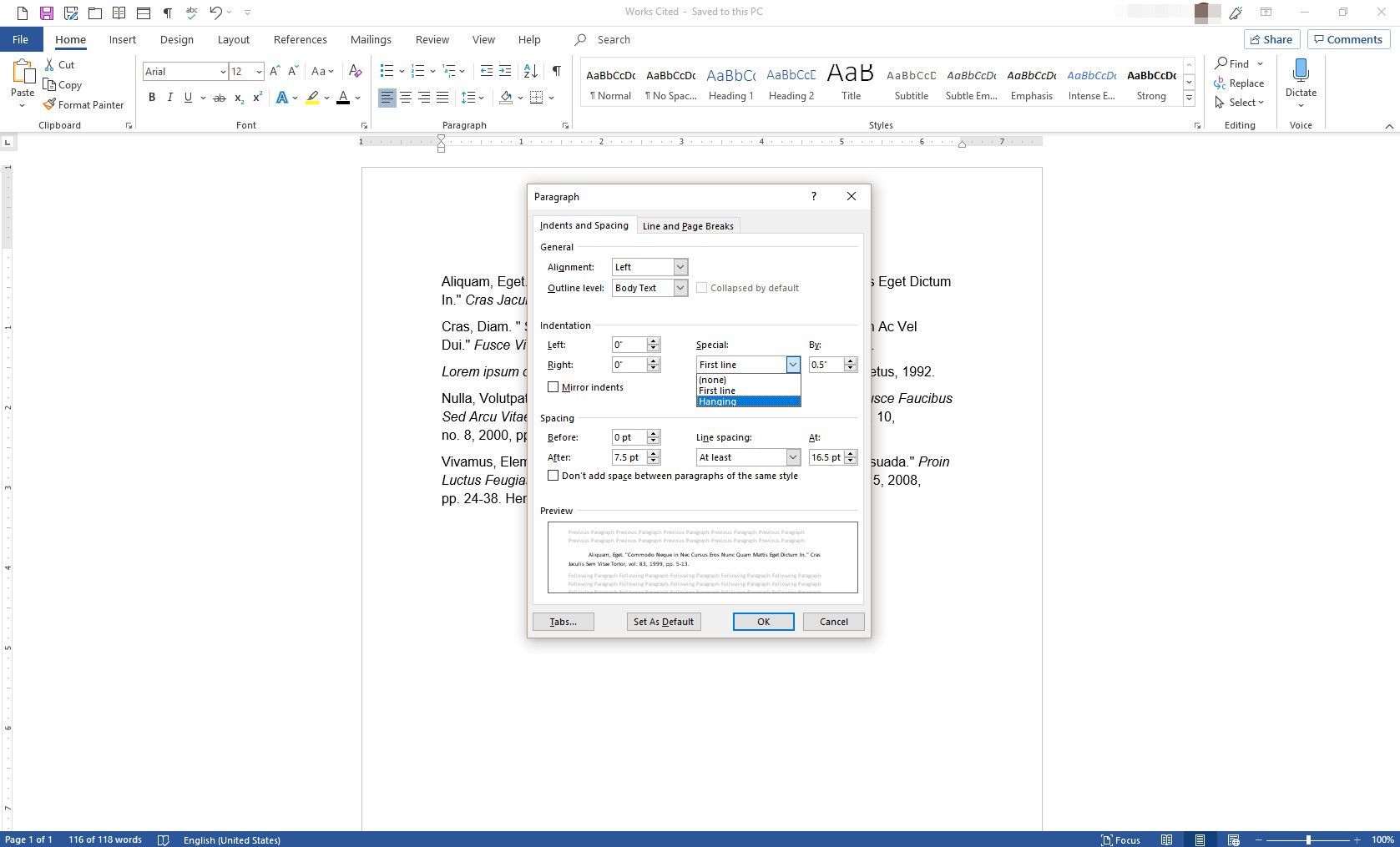 Отображается диалоговое окно MS Word с абзацем