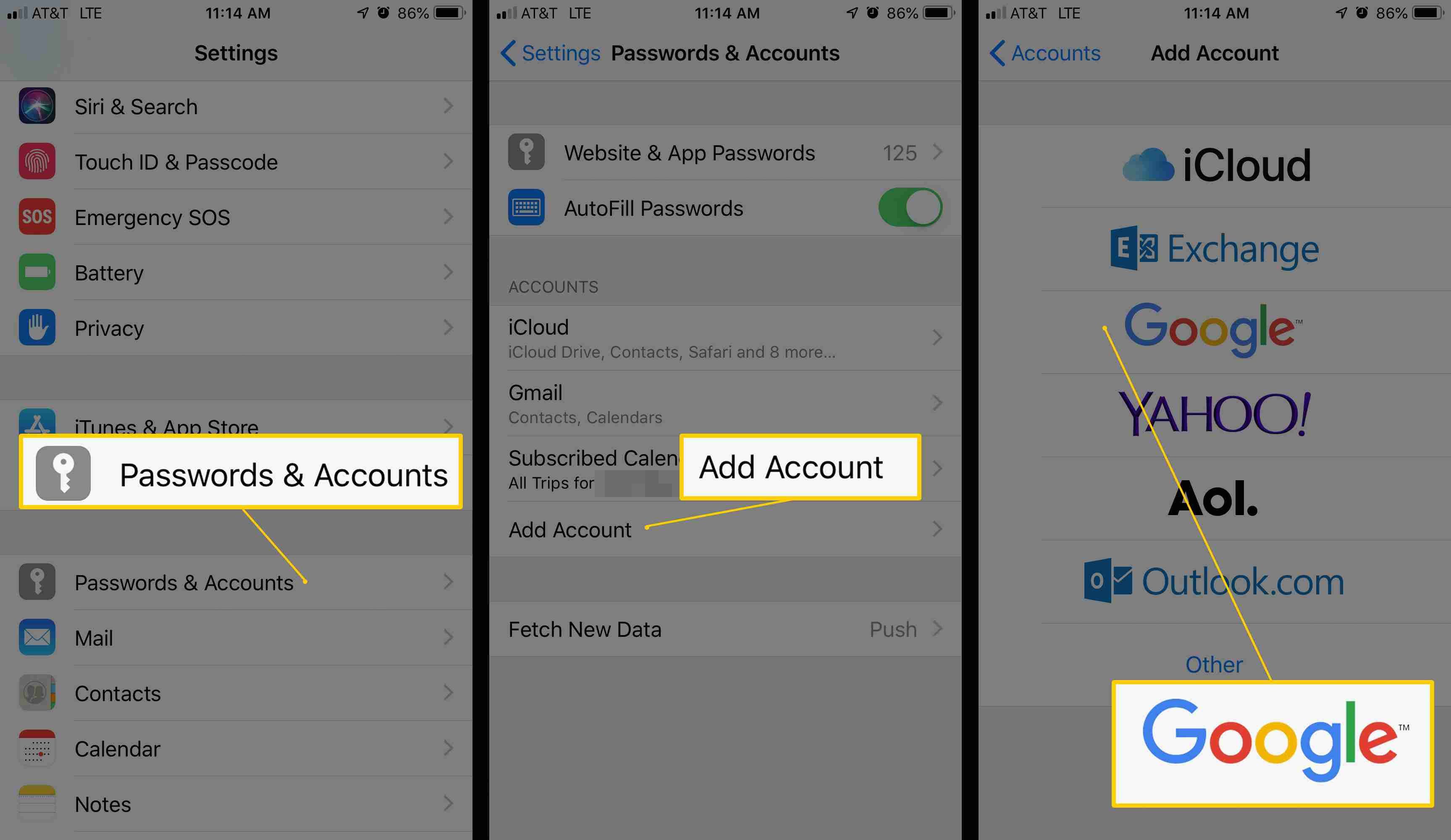 Три экрана iOS, показывающие пароли и учетные записи, добавление учетной записи и выбор учетной записи Google