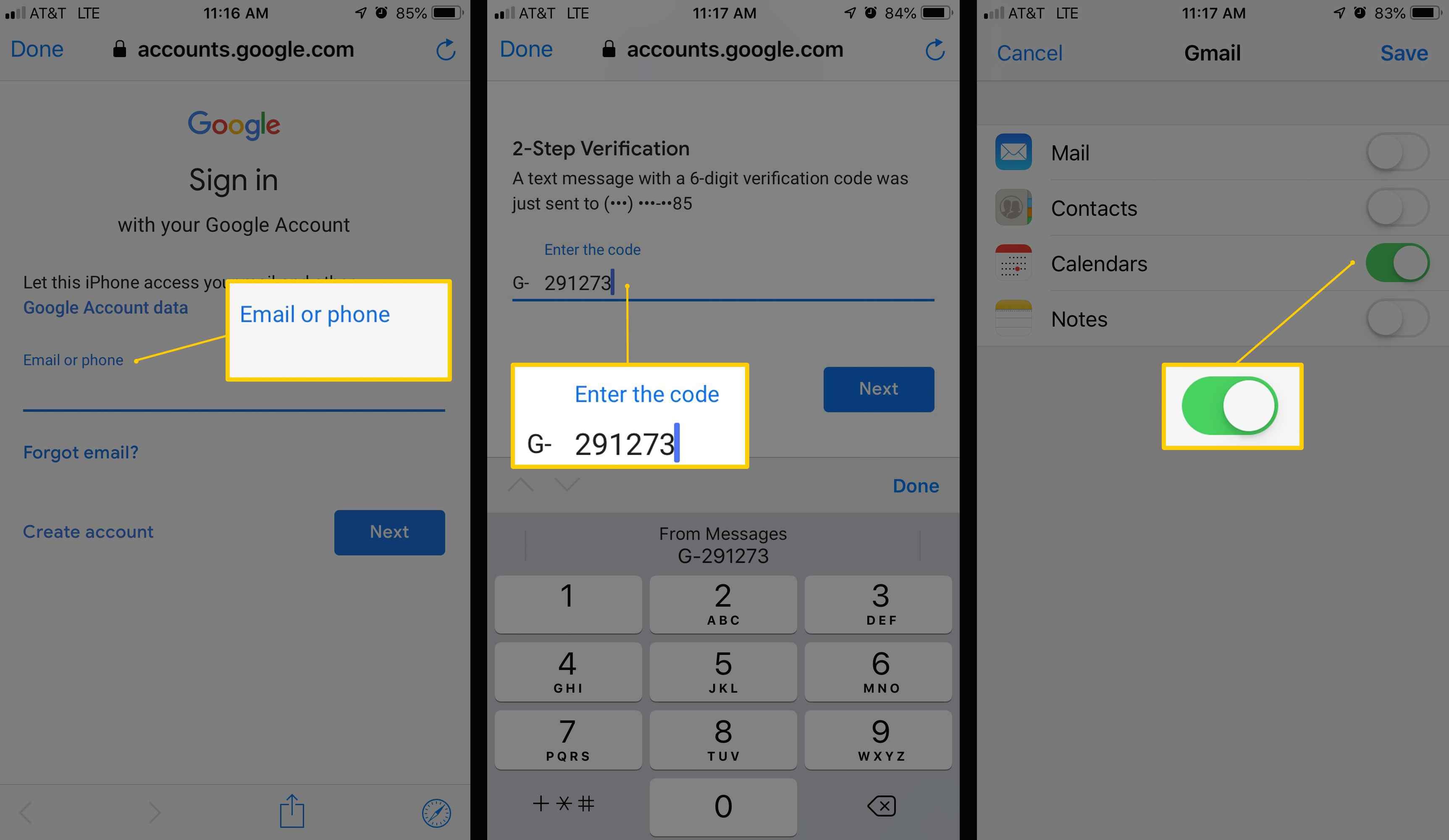 Три экрана iOS, показывающие ввод электронной почты или телефона, ввод кода безопасности и переключение календарей