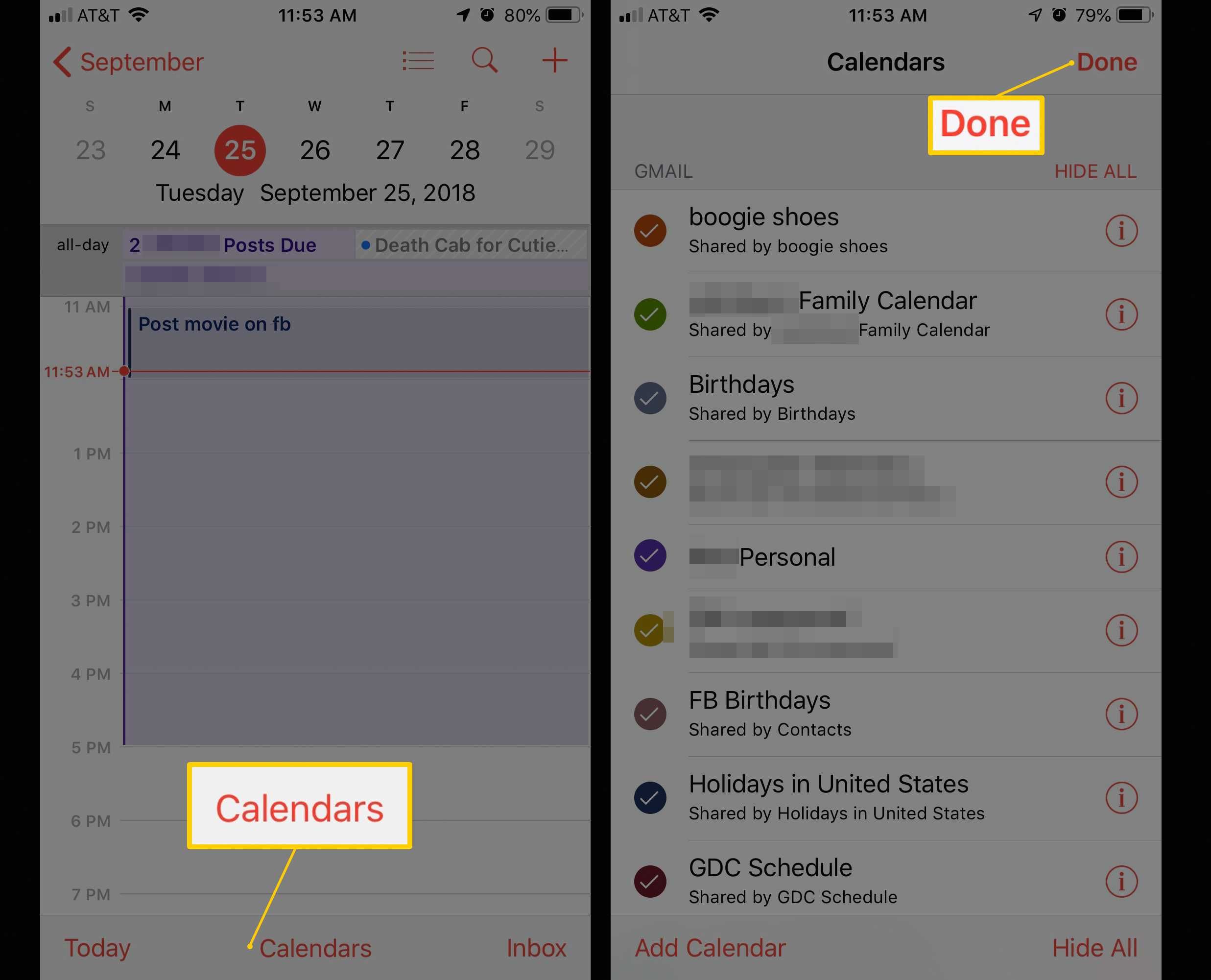 Два экрана iOS с кнопкой «Добавить календарь» в приложении «Календарь» и кнопкой «Готово»