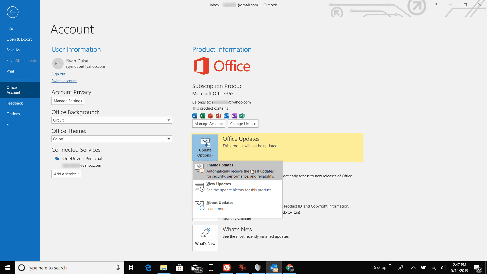 Снимок экрана включения обновлений в Outlook