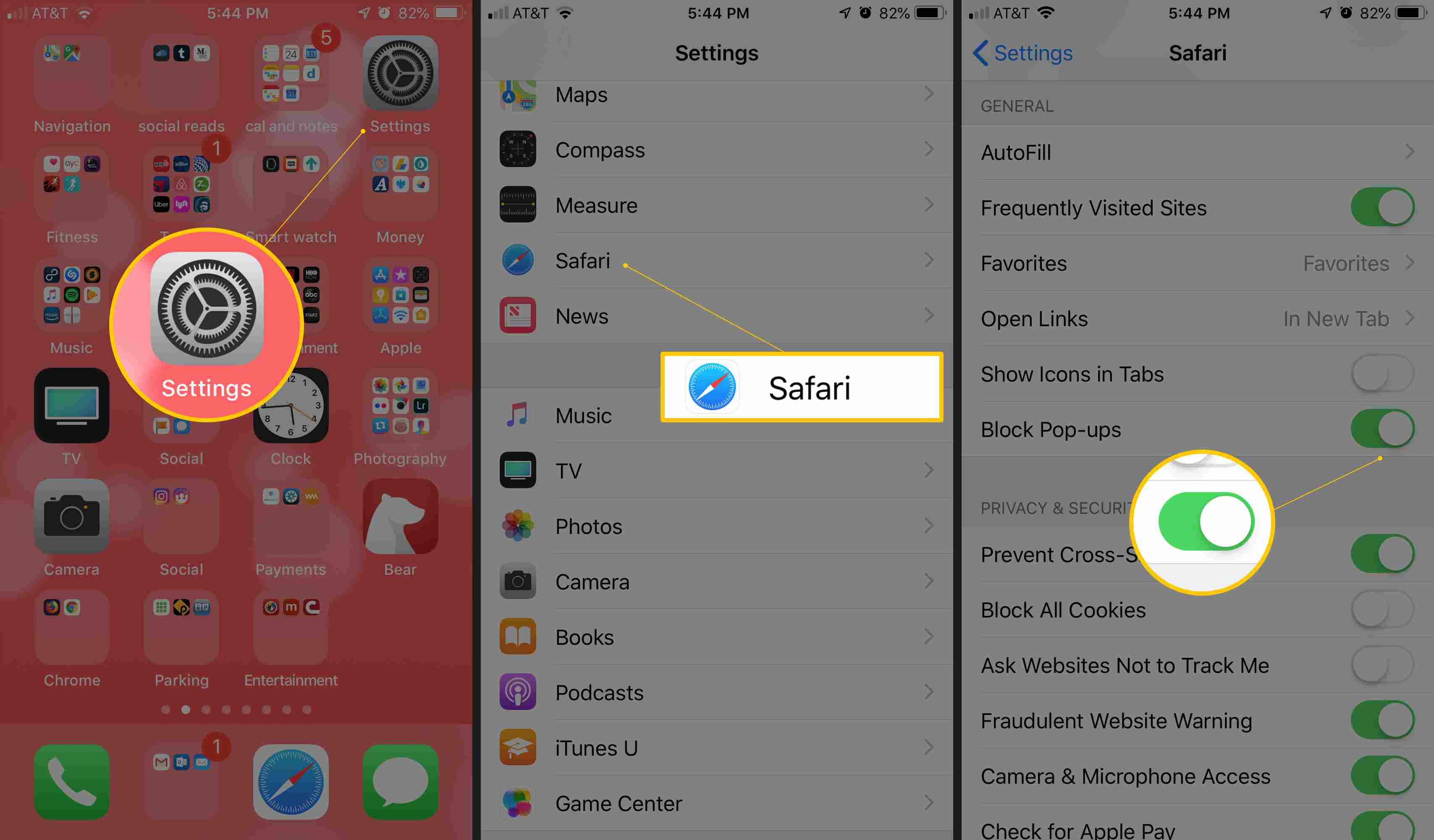 Три экрана iOS со значком «Настройки», кнопкой «Safari» и переключателем блокировки всплывающих окон, установленным на «ВКЛ»