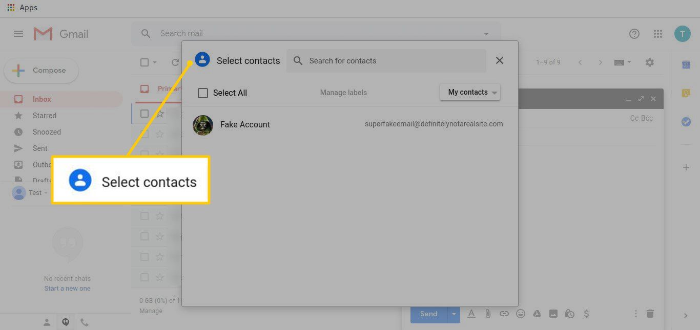 Окно выбора контактов в Gmail