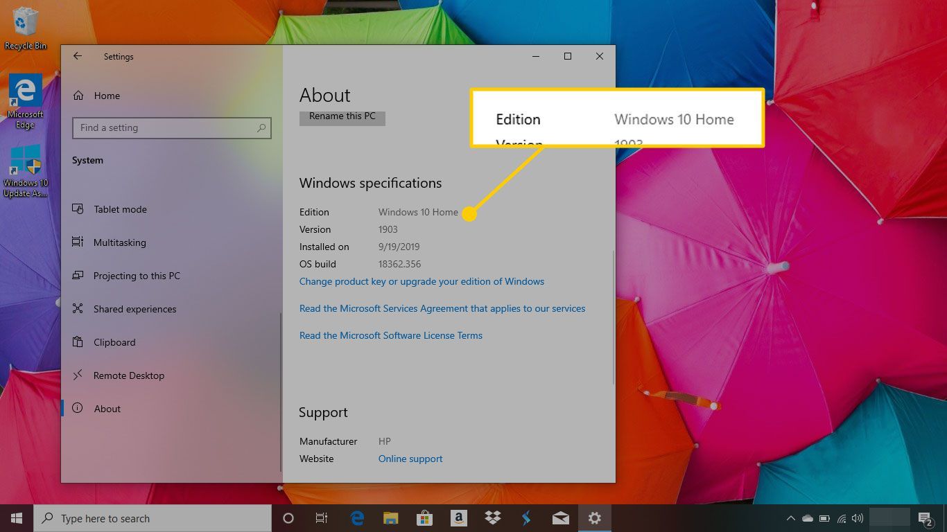 Windows 10's About screen with the Edition highlighted