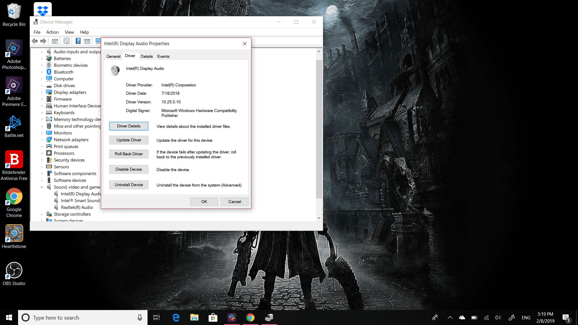 Снимок экрана вкладки свойств звука в Windows 10