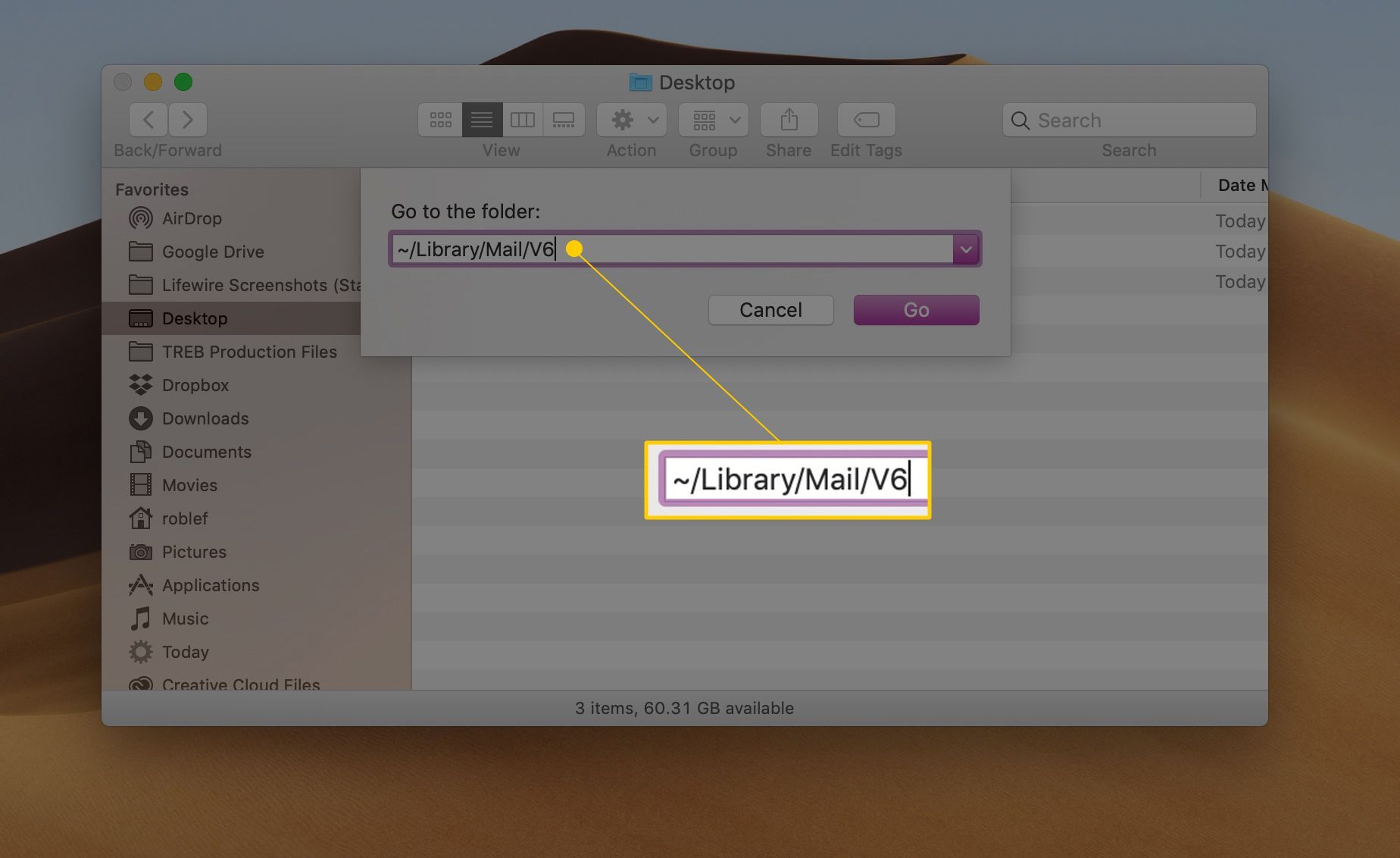 Перейдите в папку: ~ / Library / Mail / V6 диалог в macOS Finder