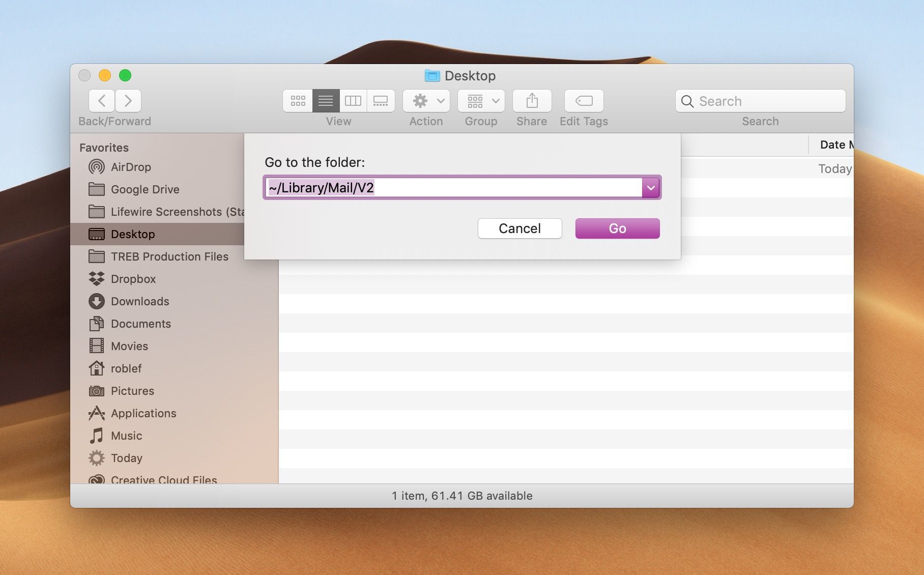 Перейдите в папку: ~ / Library / Mail / V2 диалог в macOS Finder