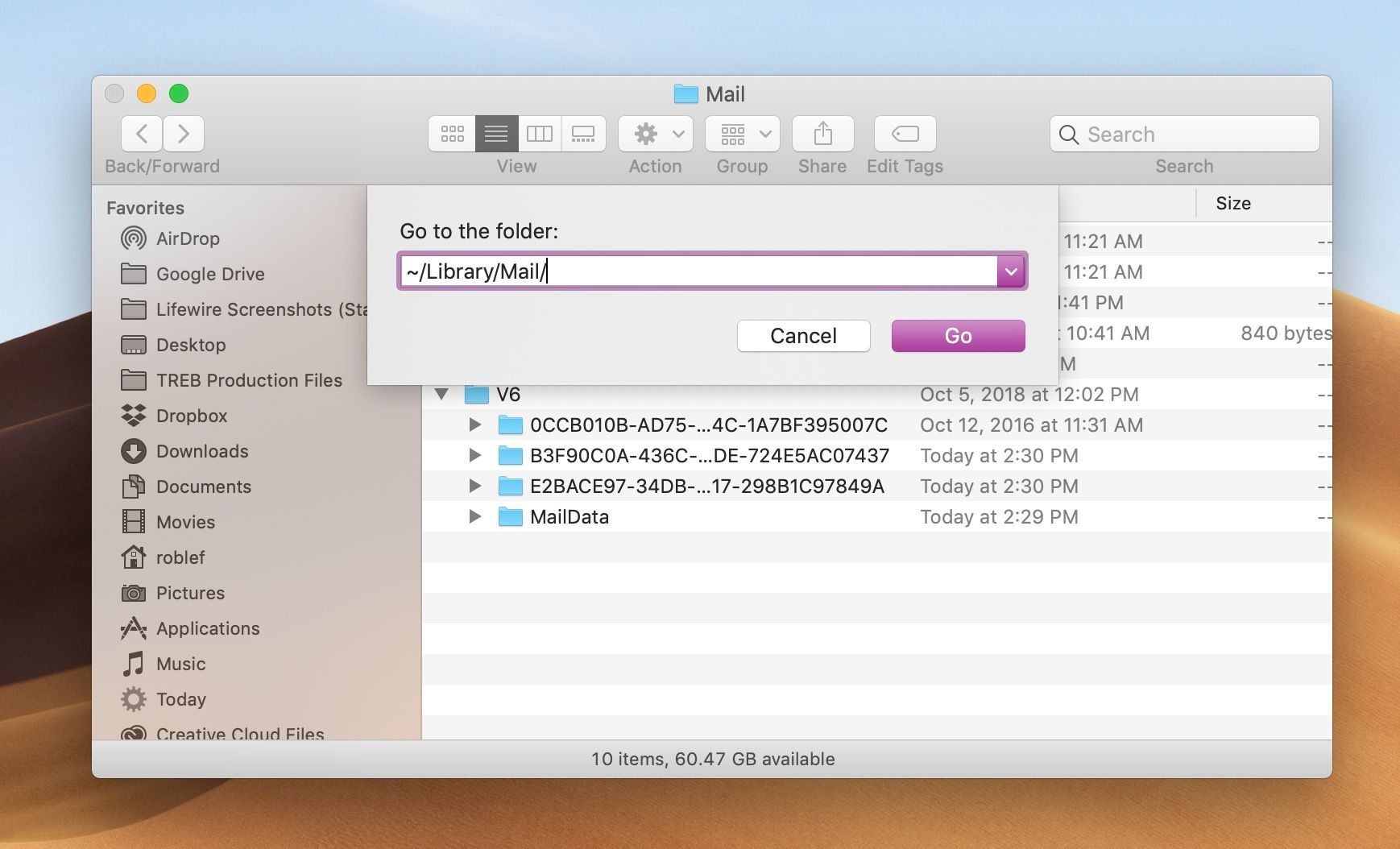 Перейдите в папку: ~ / Library / Mail / диалоговое окно в macOS Finder