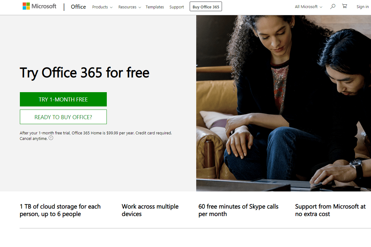 Снимок экрана бесплатной пробной страницы Microsoft Office 365