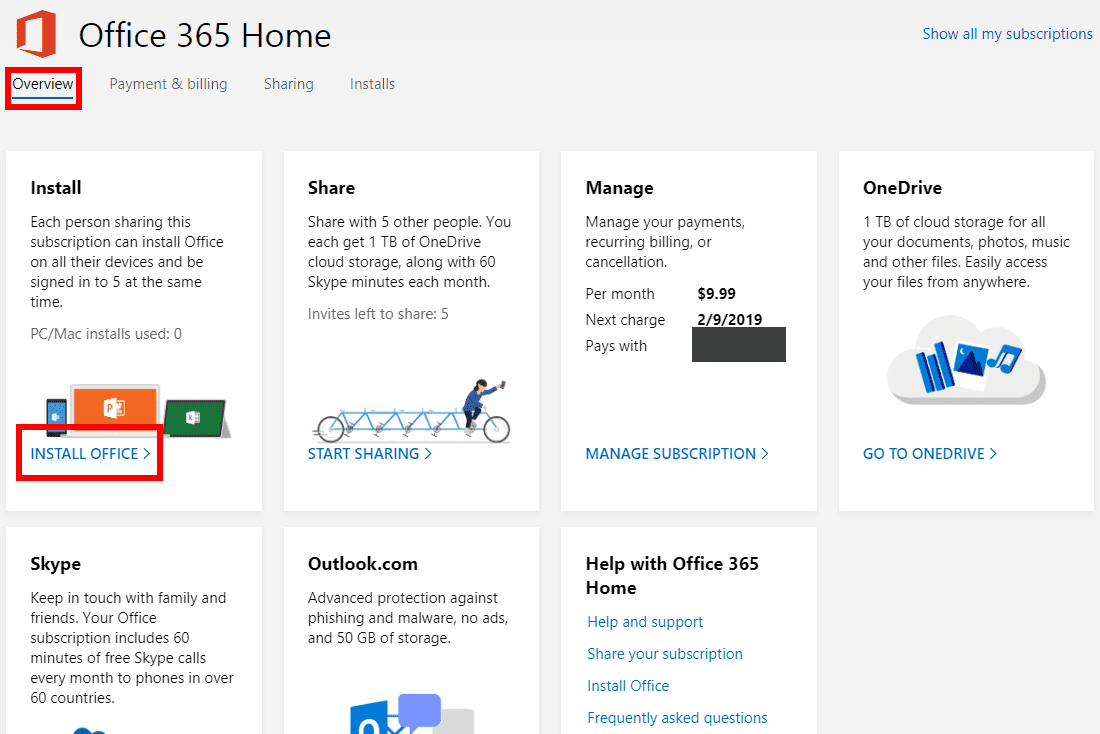 Снимок экрана страницы бесплатной пробной установки Microsoft Office