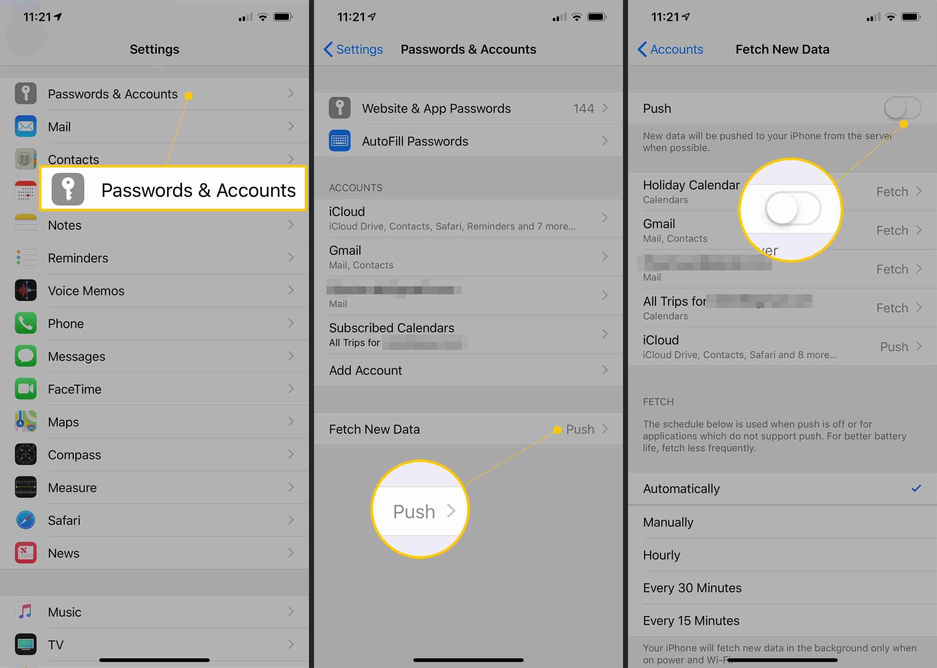 Пароли и учетные записи, Push, Push выключают в настройках iOS