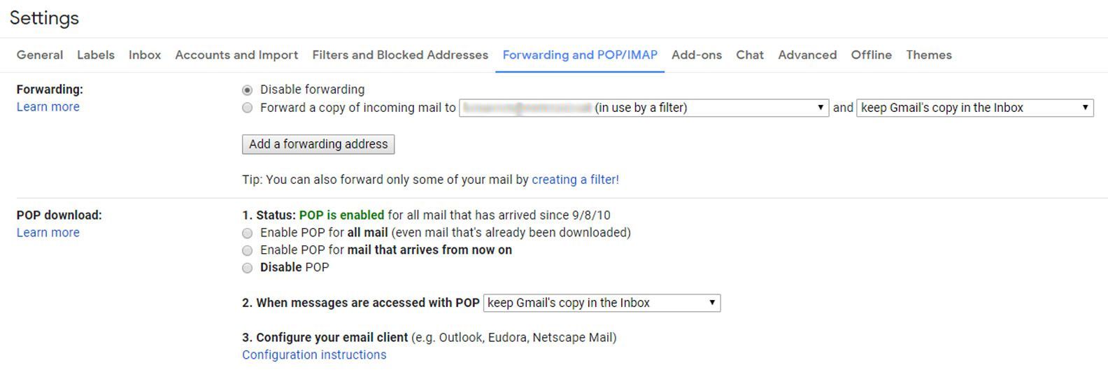 Gmail показывает область настроек для пересылки или POP / IMAP