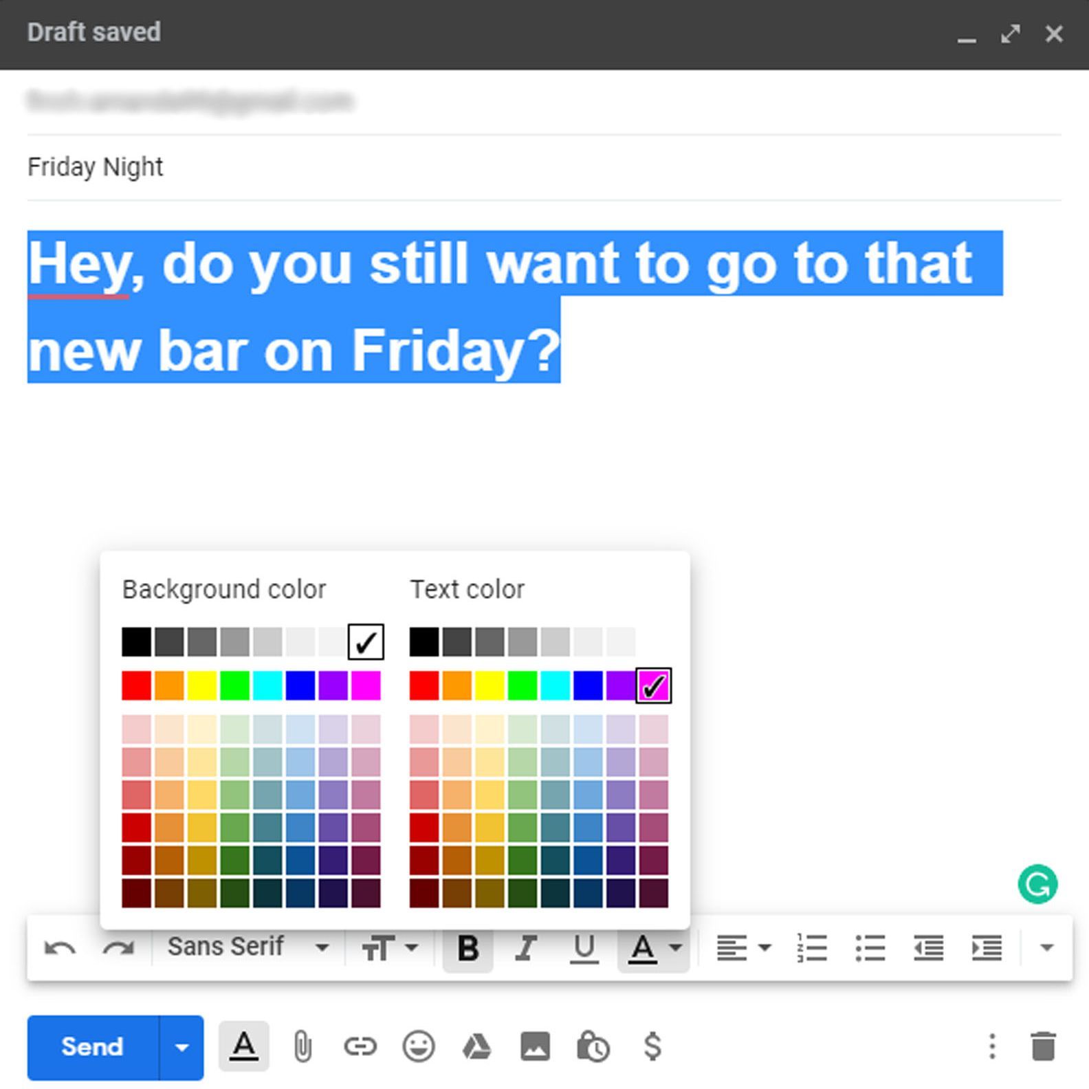 Gmail с открытым окном композиции, показывающий большой размер шрифта и цвет
