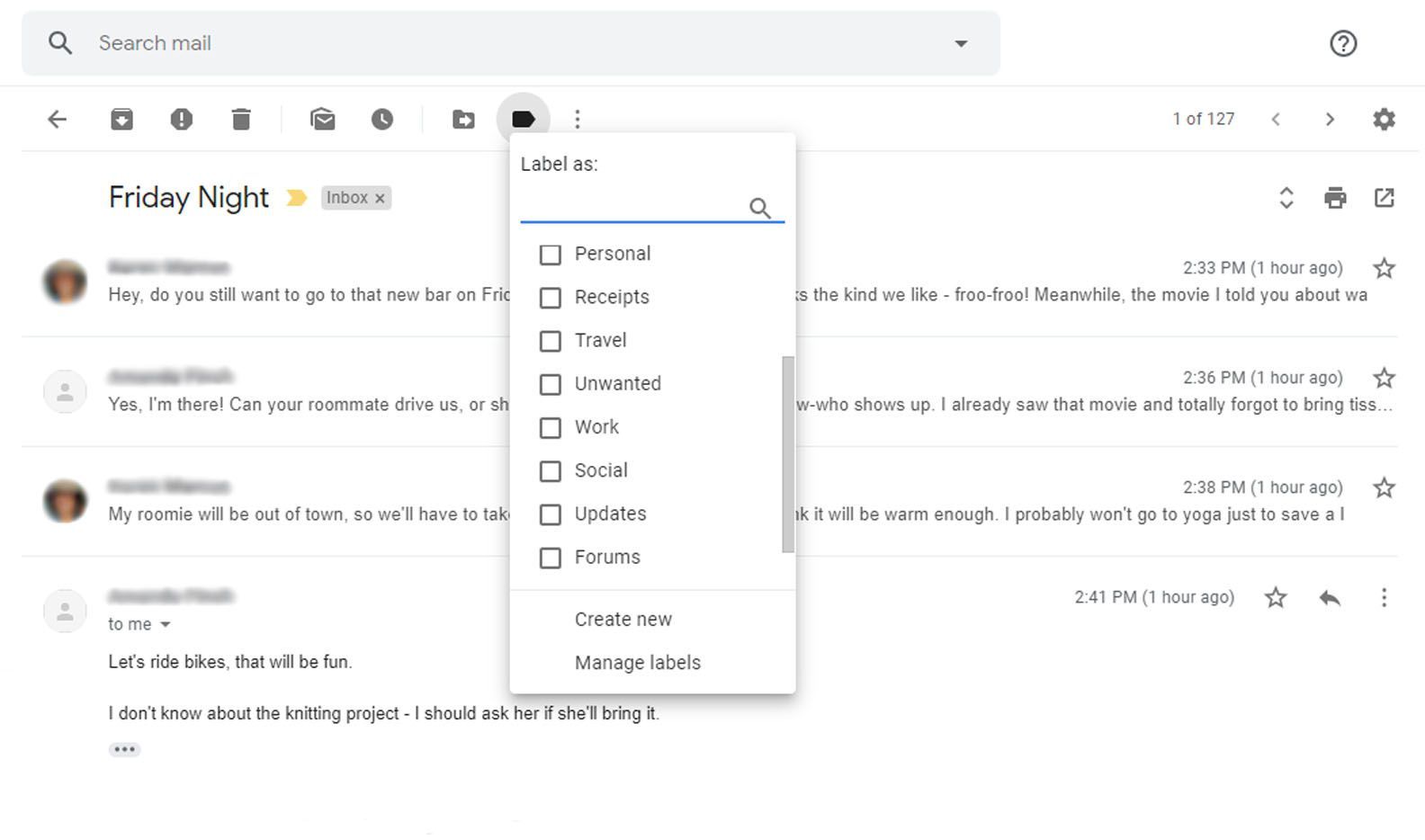 Gmail с отображенным меню ярлыков