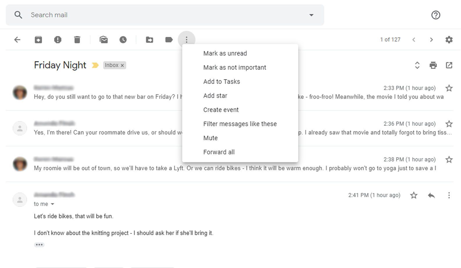 Gmail с отображенным меню входящих сообщений