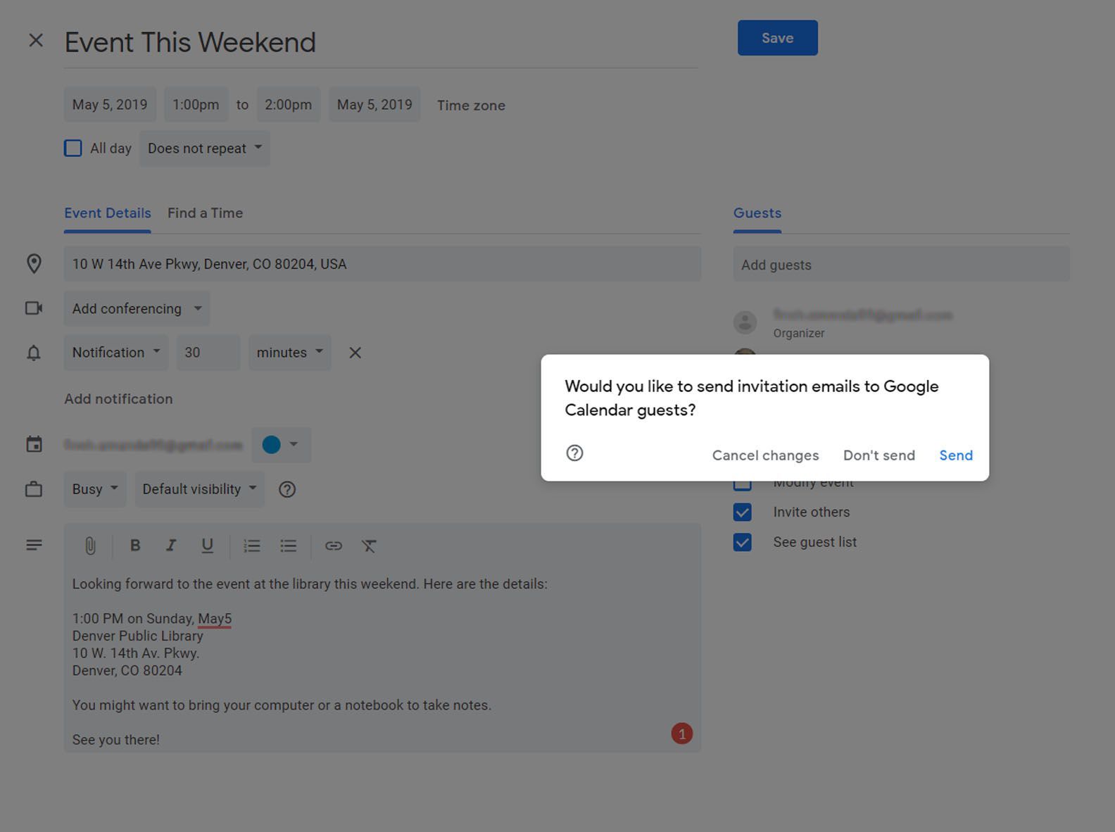 Календарь Google показывает приглашение, созданное из Gmail