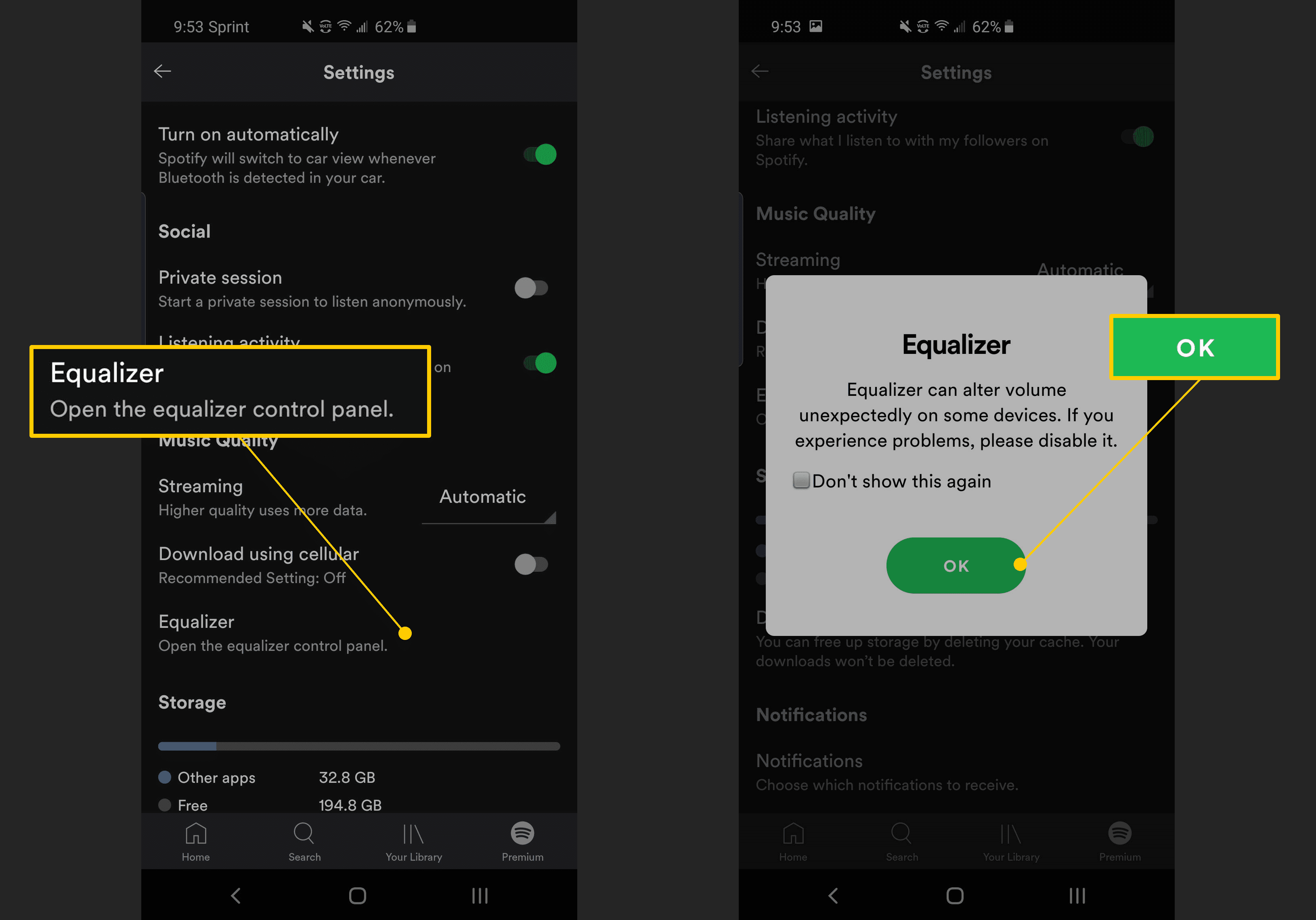 Эквалайзер, кнопка ОК в настройках Spotify на Android