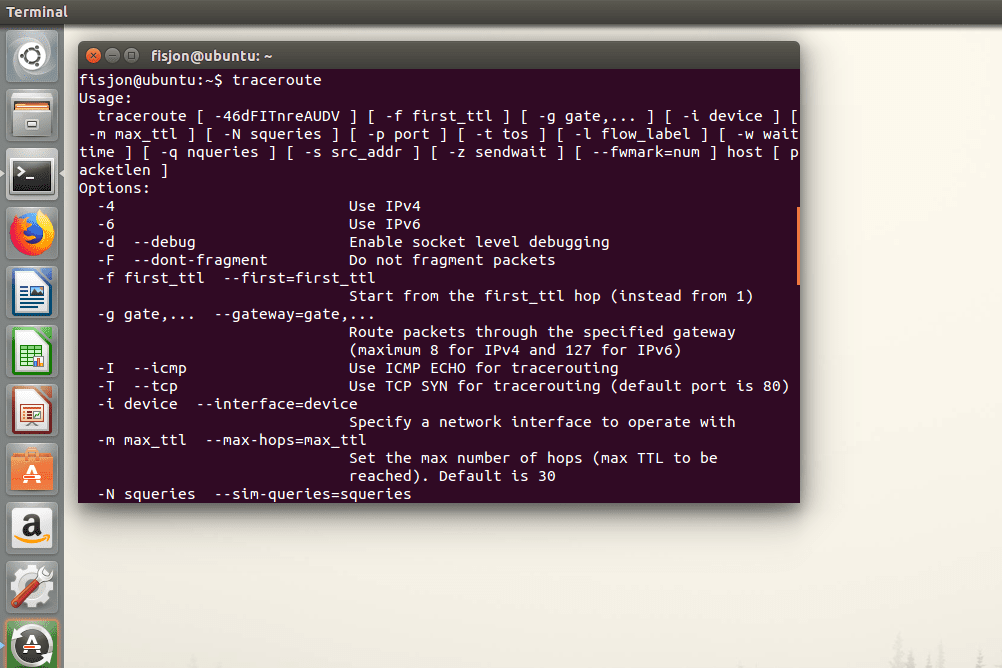 Снимок экрана с синтаксисом traceroute в Ubuntu