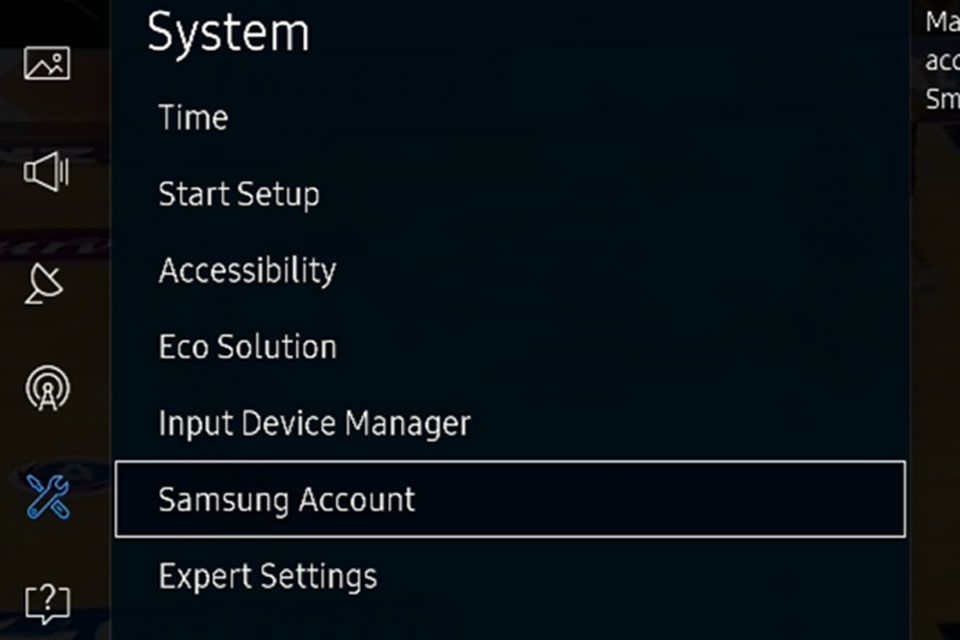 Снимок экрана опции учетной записи Samsung на смарт-телевизоре Samsung