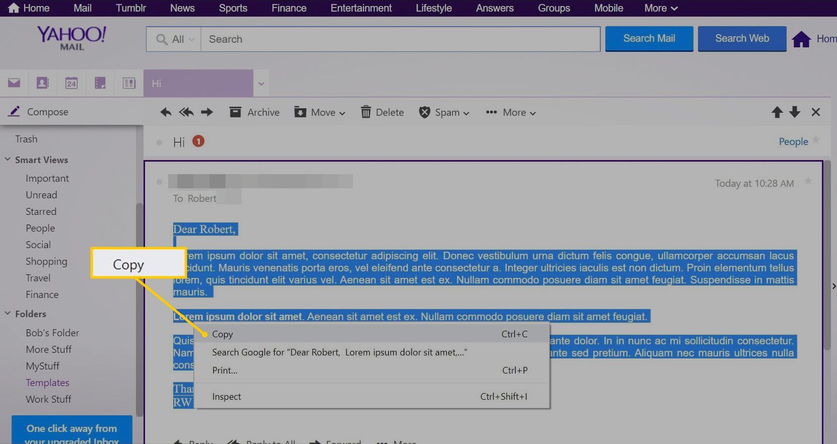 Скопируйте правой кнопкой мыши в Yahoo Mail