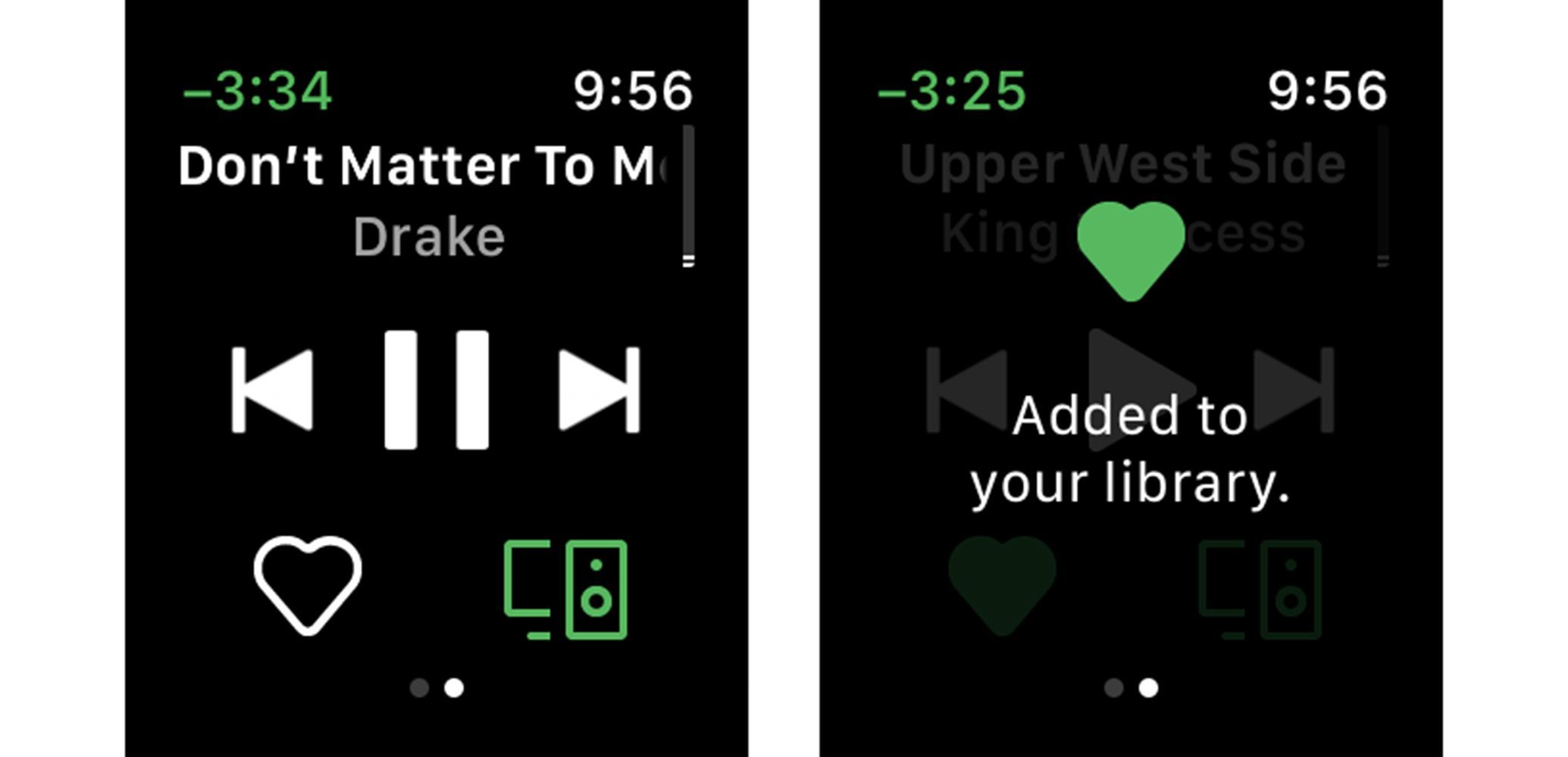 Скриншоты из Spotify Apple Watch, показывающие, как добавить песню в библиотеку.