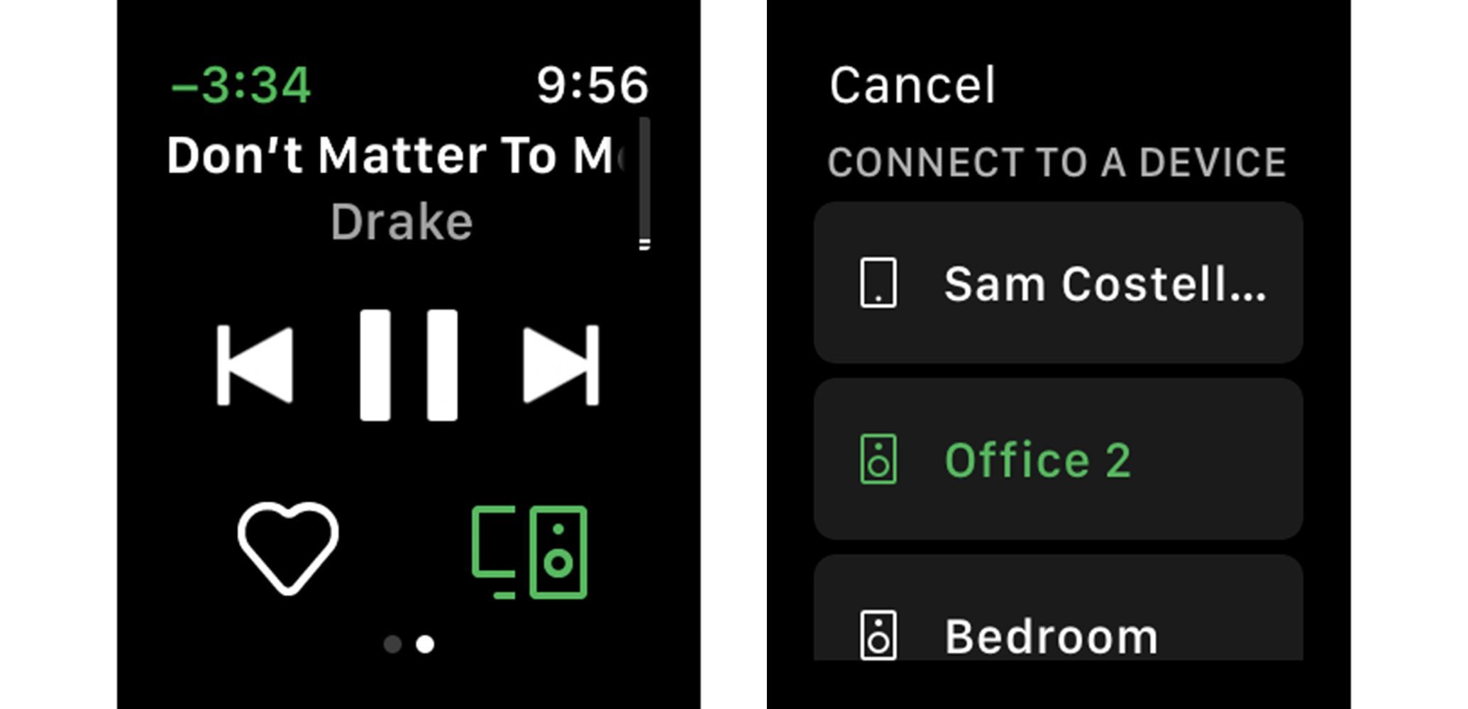 Скриншоты из Spotify Apple Watch, показывающие, как выбрать, какой динамик должен воспроизводить звук.