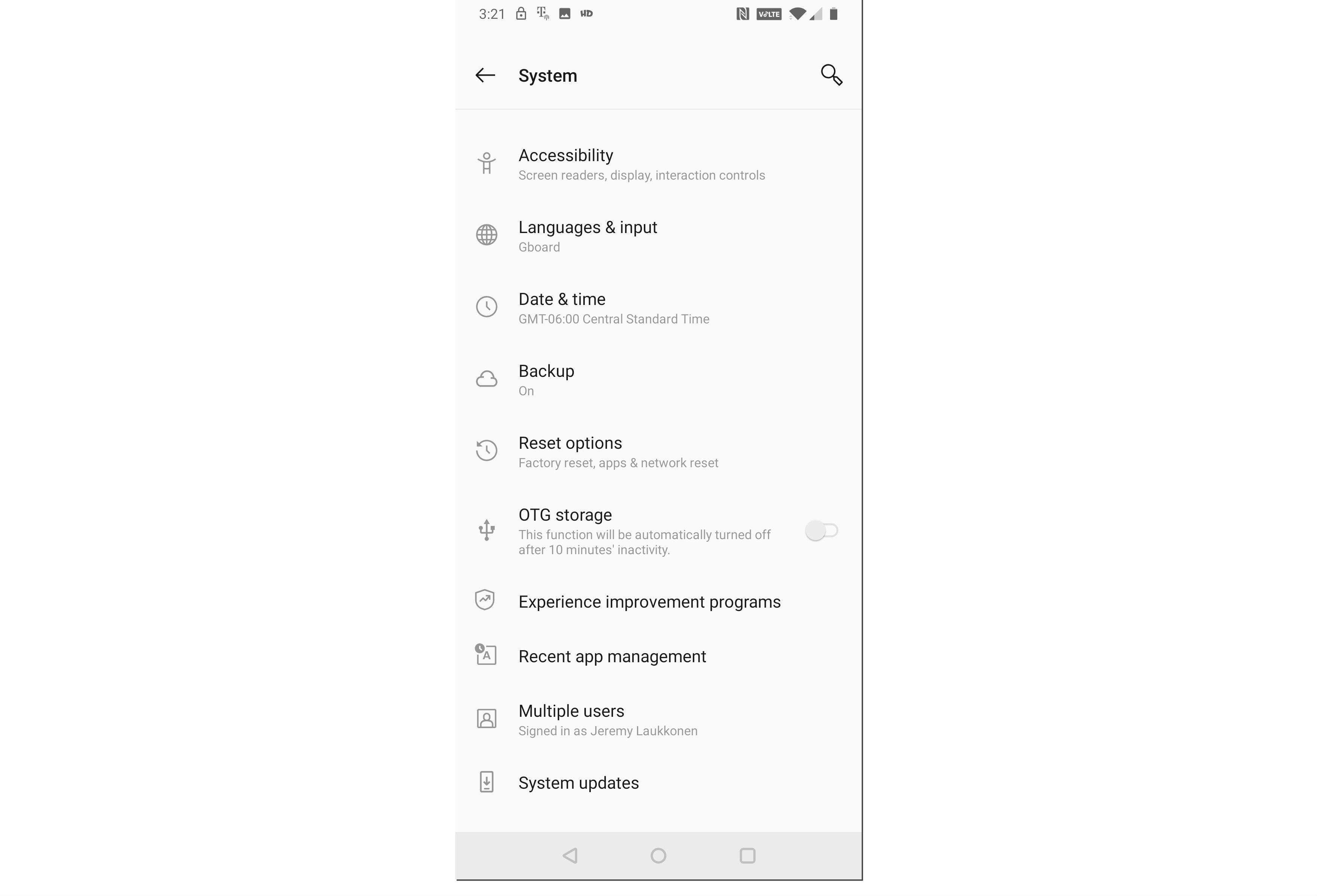 Скриншот меню настроек системы Android.