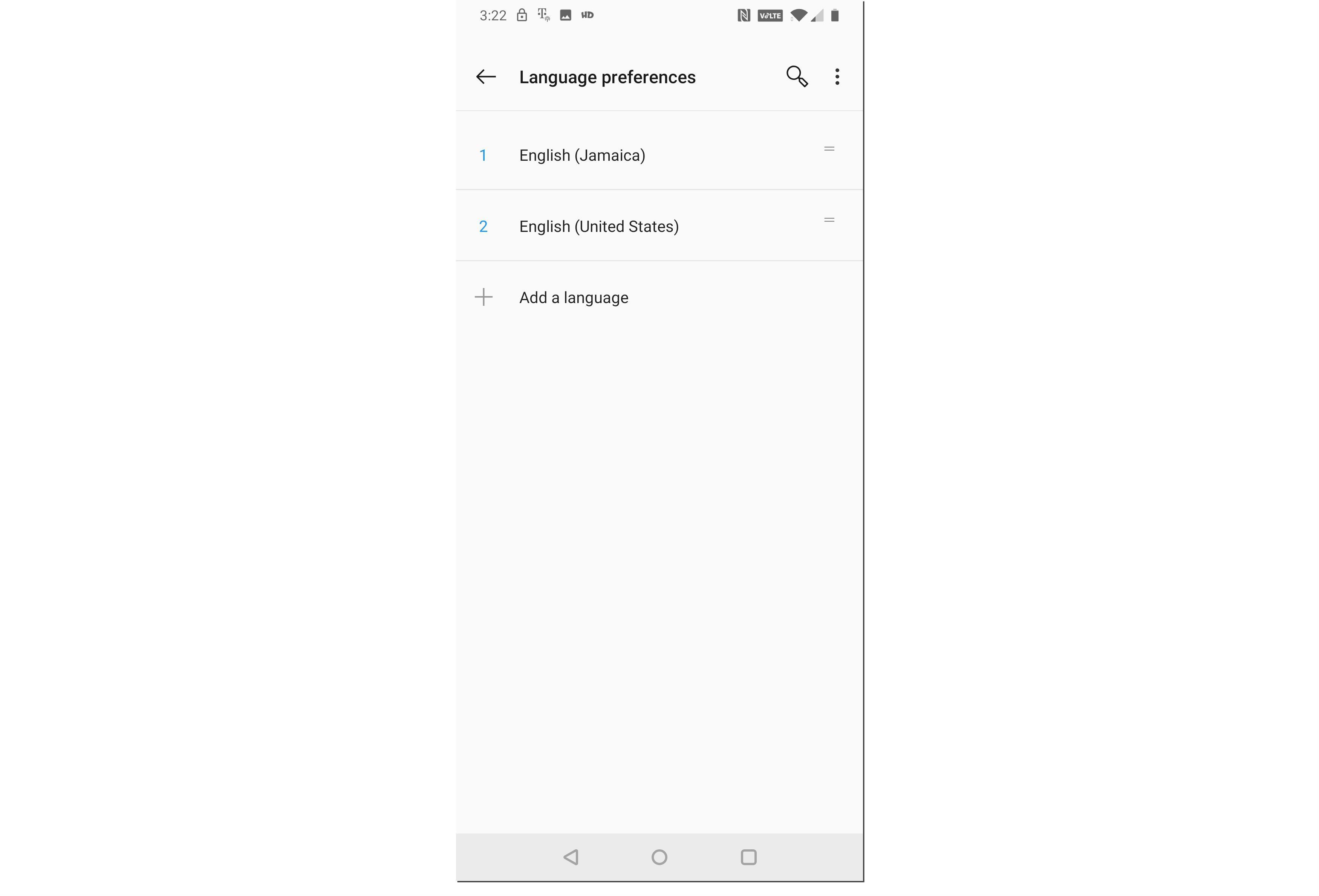 Снимок экрана меню языковых настроек Android.