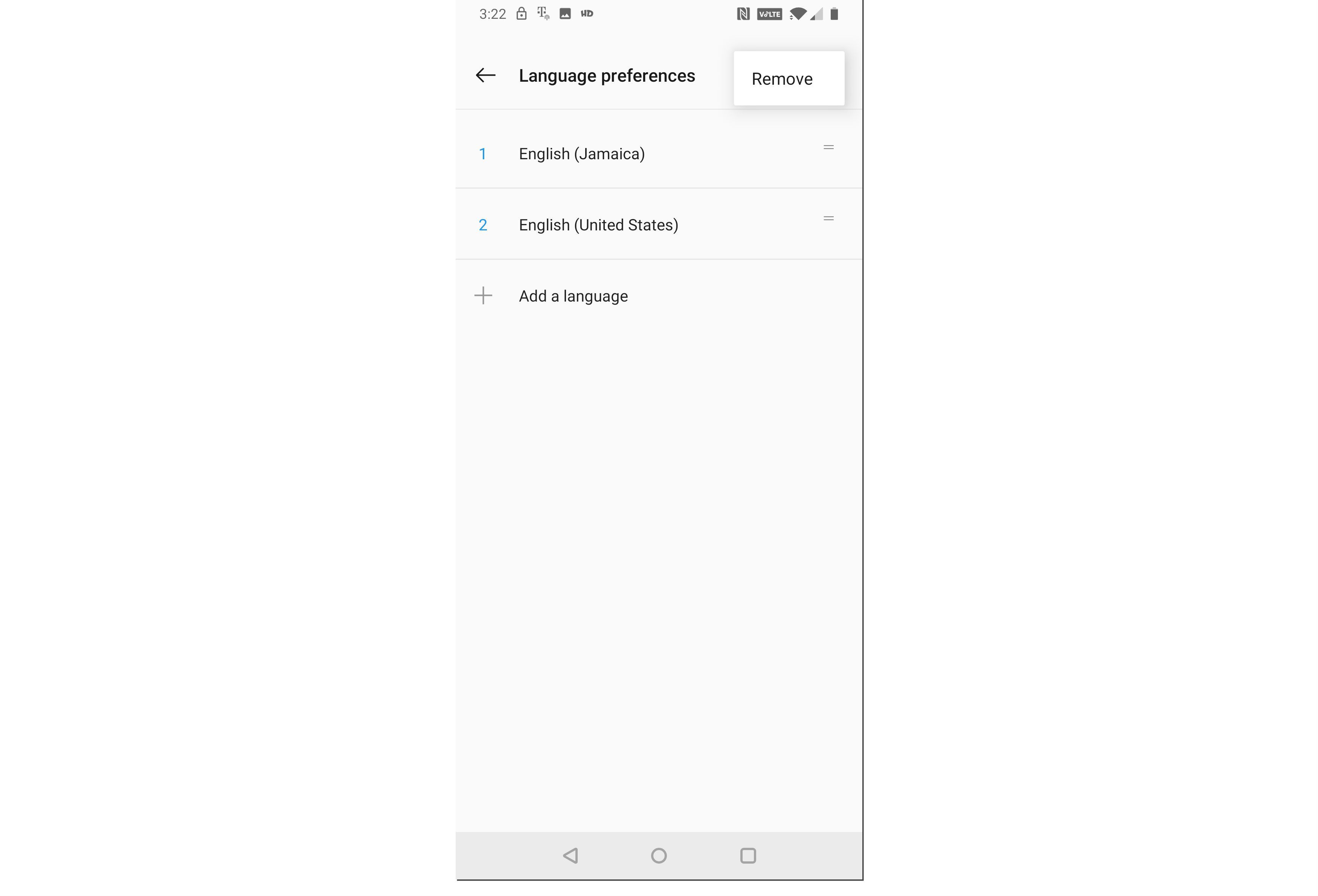 Скриншот опции удаления языка Android.