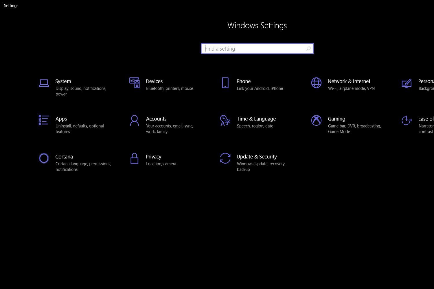 Снимок экрана главного меню настроек для ноутбука с Windows 10.