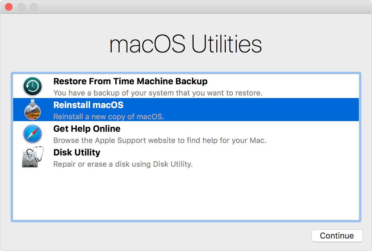 Снимок экрана: утилиты восстановления MacOS с переустановкой MacOS.