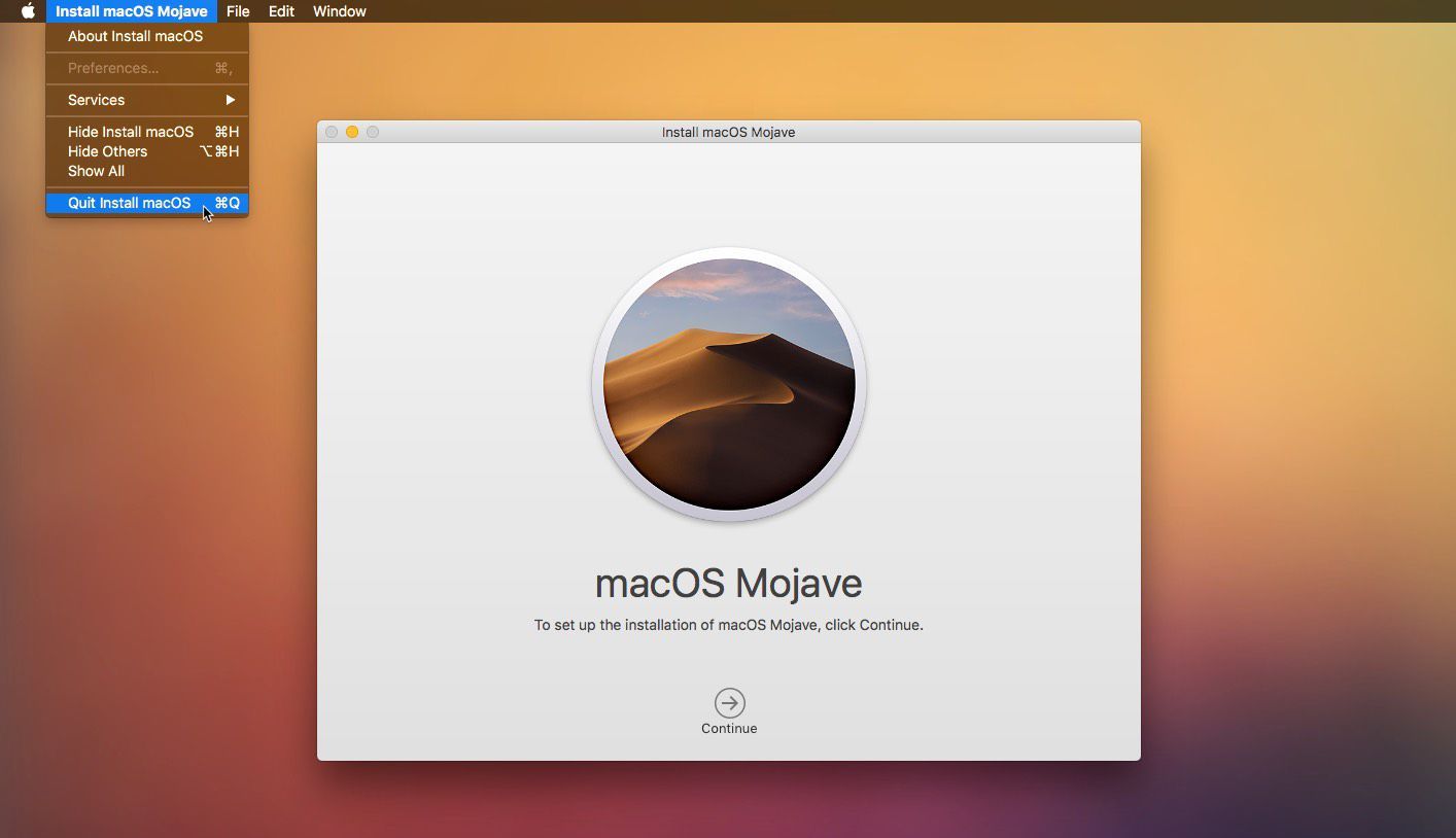 Снимок экрана, показывающий, как выйти из программы установки MacOS Mojave