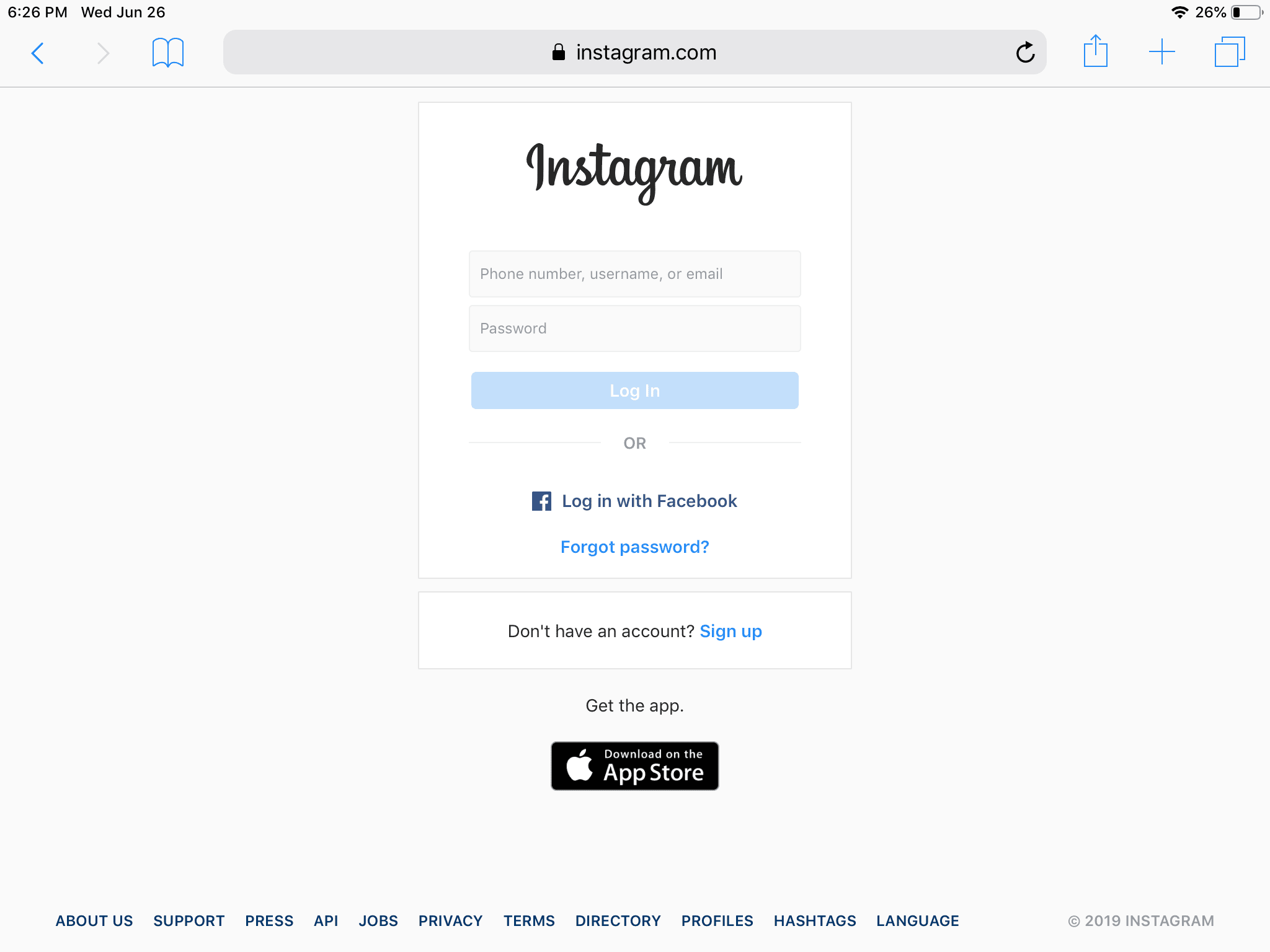 снимок экрана входа в систему instagram.com в Safari для iPad