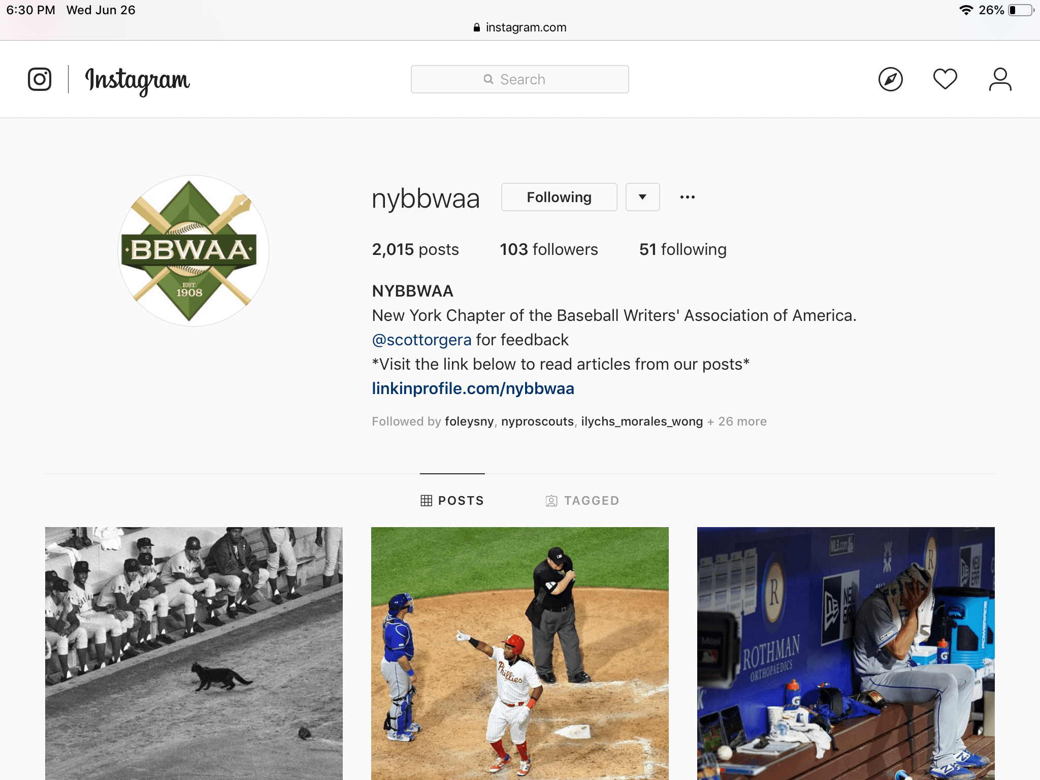снимок экрана профиля Instagram в Safari для iPad