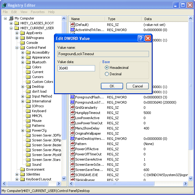ForegroundLockTimeout DWORD в реестре Windows XP