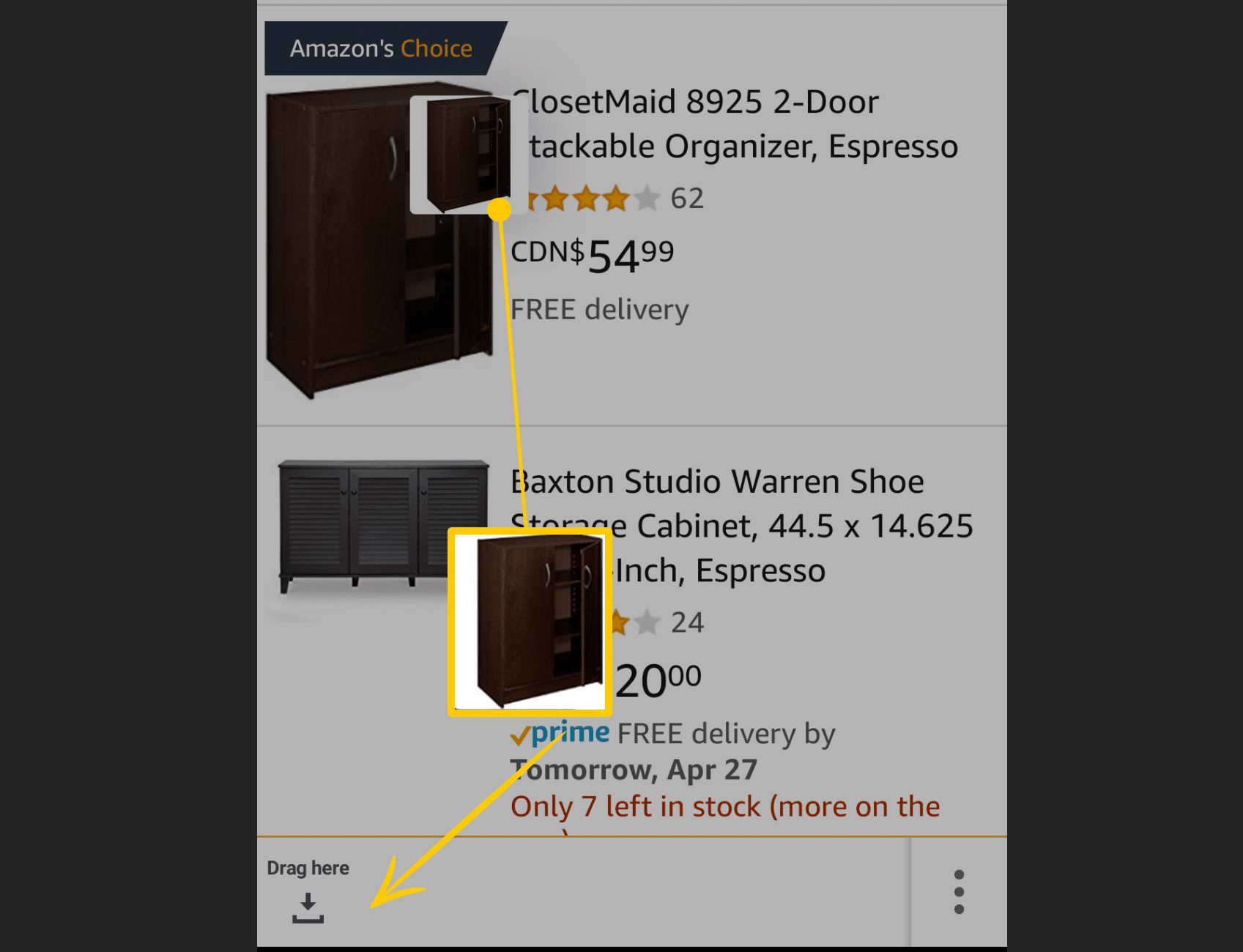 Перетаскивание элемента на панель пожеланий в приложении Amazon