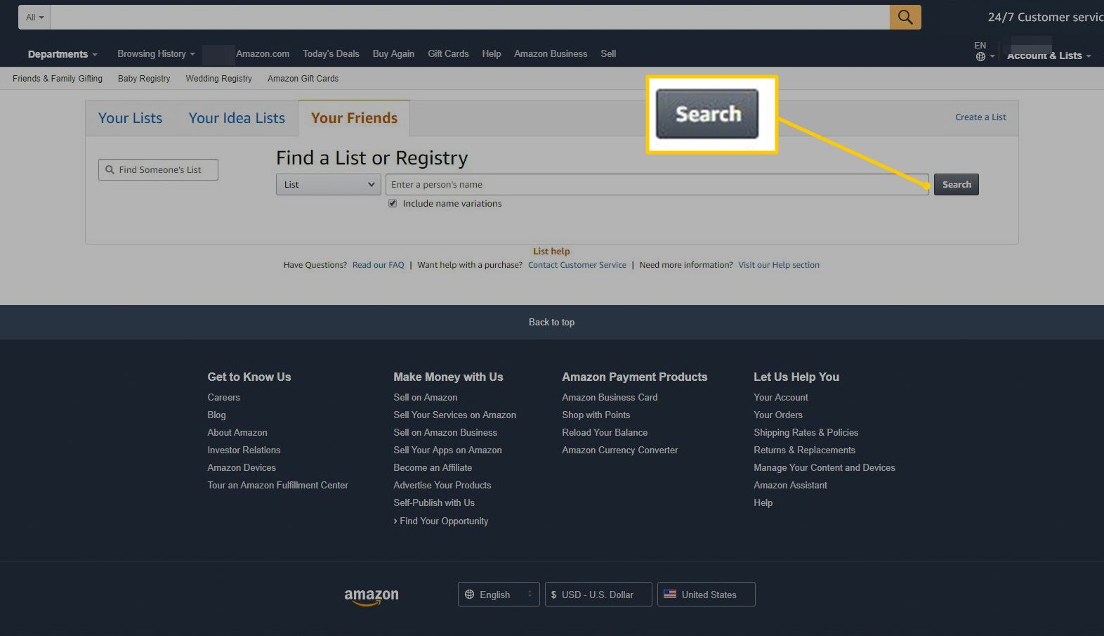 Кнопка поиска для поиска списка или реестра