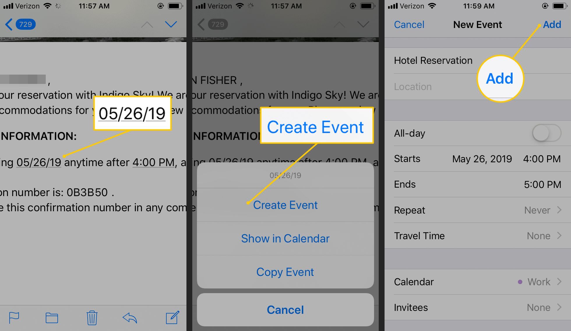 Дата в электронном письме, кнопка Создать событие и кнопка Добавить на iOS
