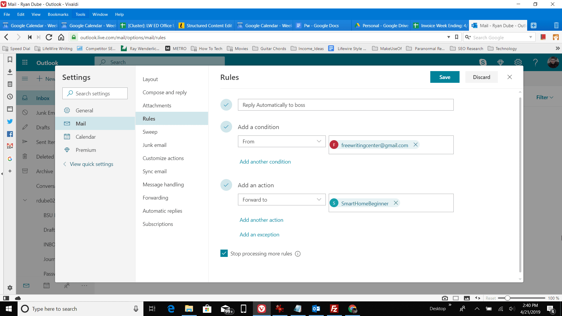 Снимок экрана добавления действия в Outlook онлайн