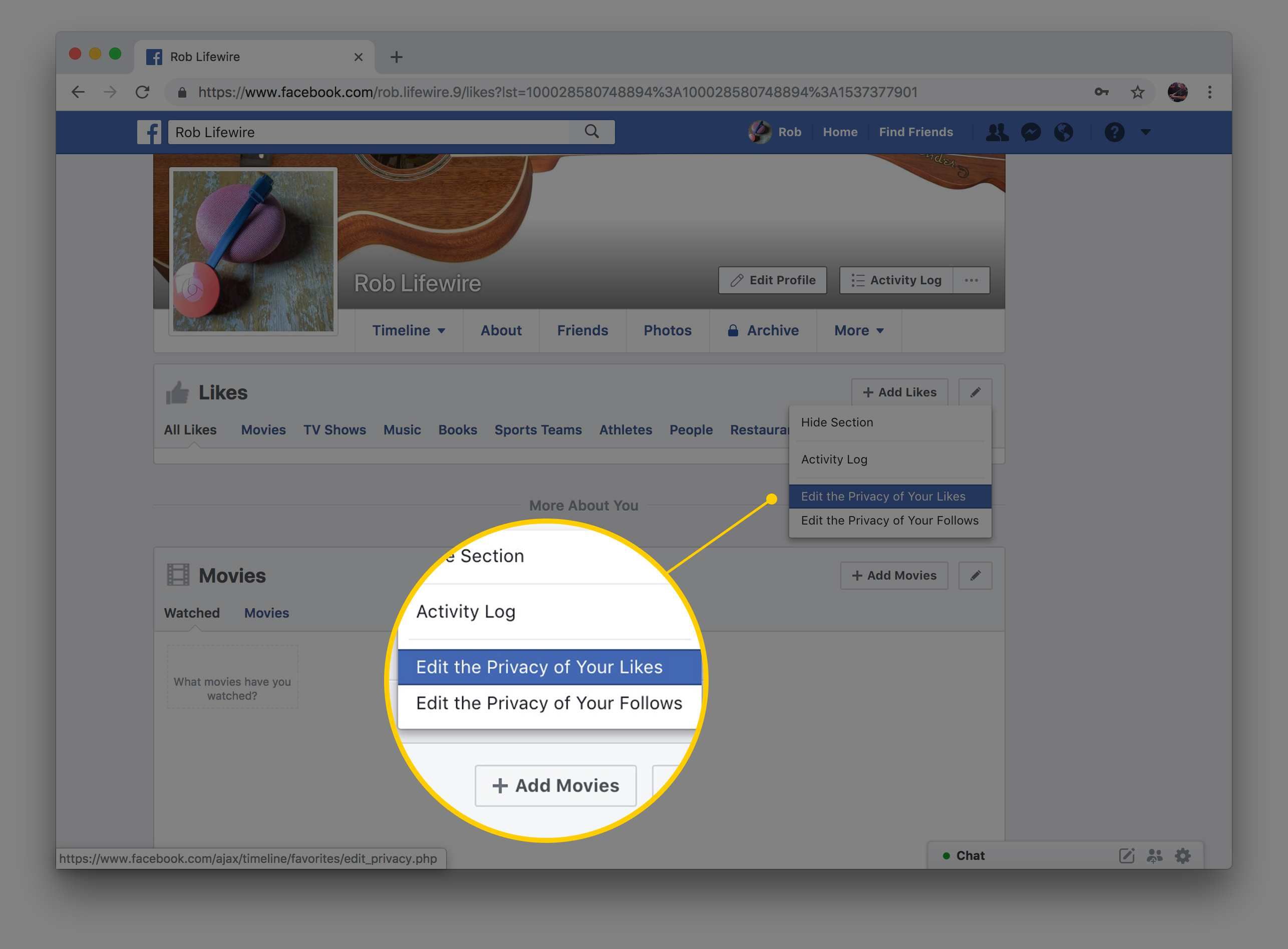 Подсветка страницы Facebook Изменить пункт меню «Конфиденциальность ваших лайков»