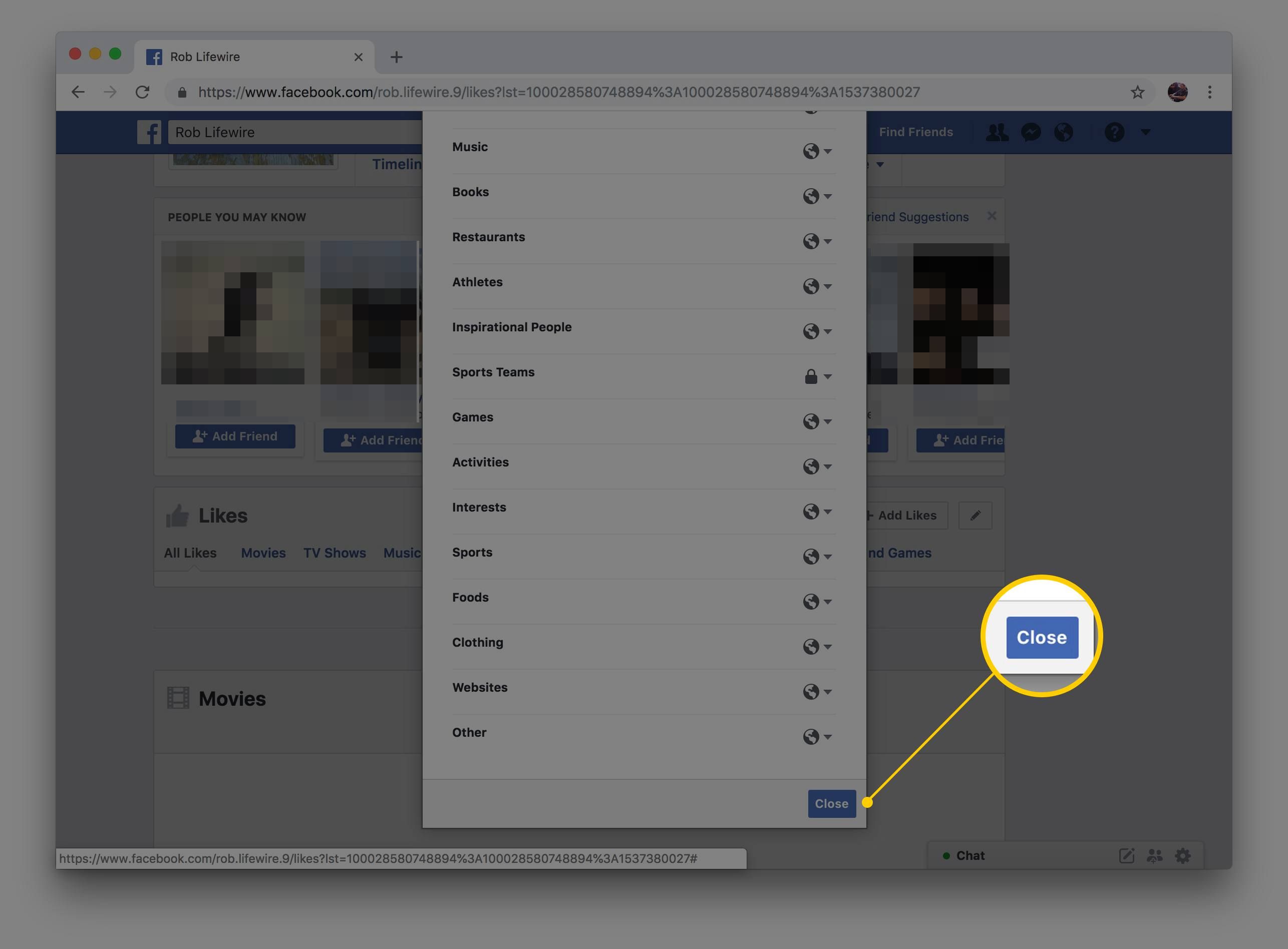 Подсветка страницы Facebook на кнопке «Закрыть» в разделе «Управление конфиденциальностью для интерфейса лайков»