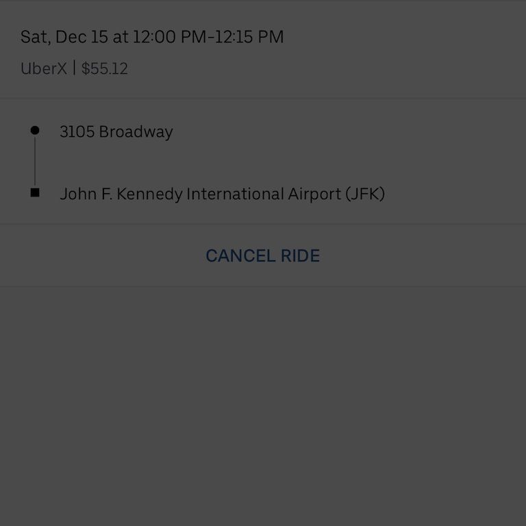 Снимок экрана приложения Uber, показывающий возможность отменить запланированную поездку.