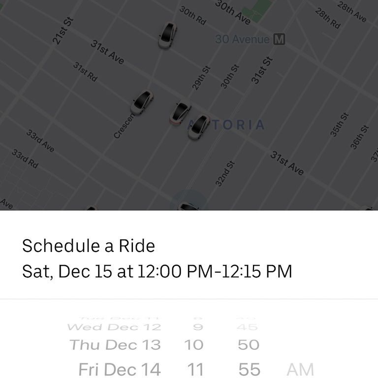 Настройки времени и даты на вкладке «Расписание поездки» в приложении Uber.