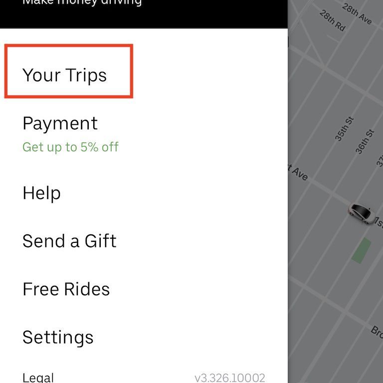 Меню настроек Uber с выделенными пунктами «Ваши поездки».